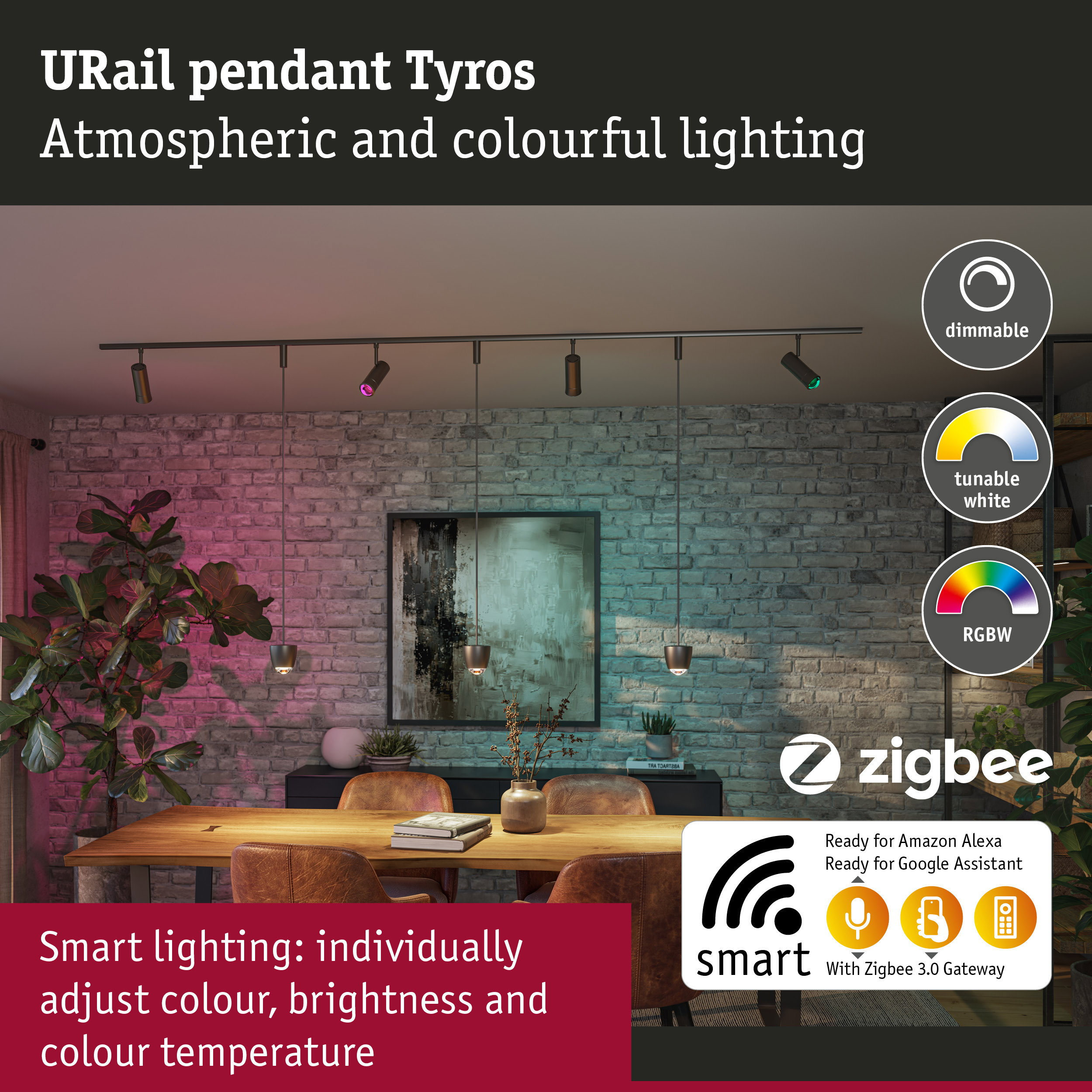 URail Pendelleuchte Tyros mit farbiger, dimmbarer LED-Beleuchtung über einem Holztisch.
