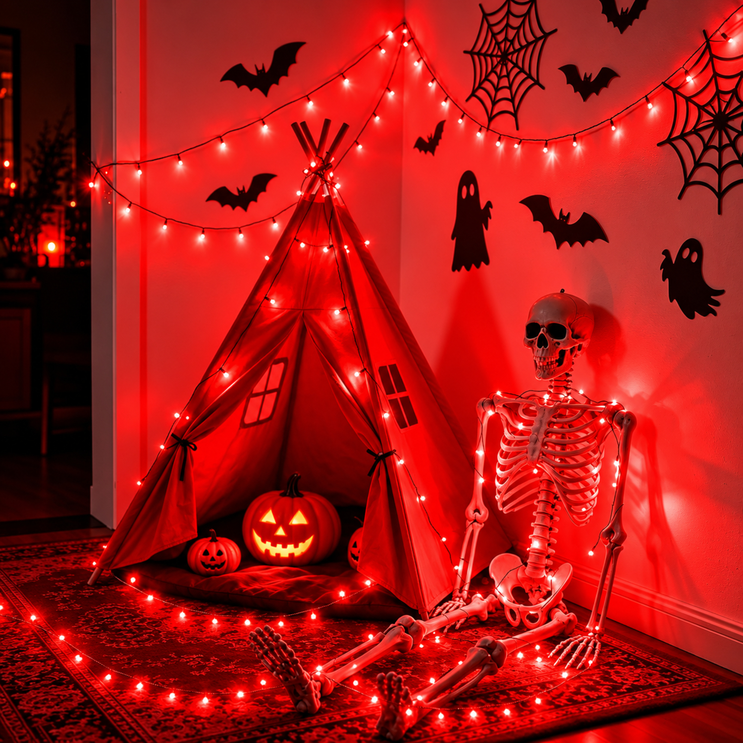 Eine Halloween-Ecke mit rotem Zelt, Kürbissen, Skelett und Wandaufklebern unter rotem Licht.