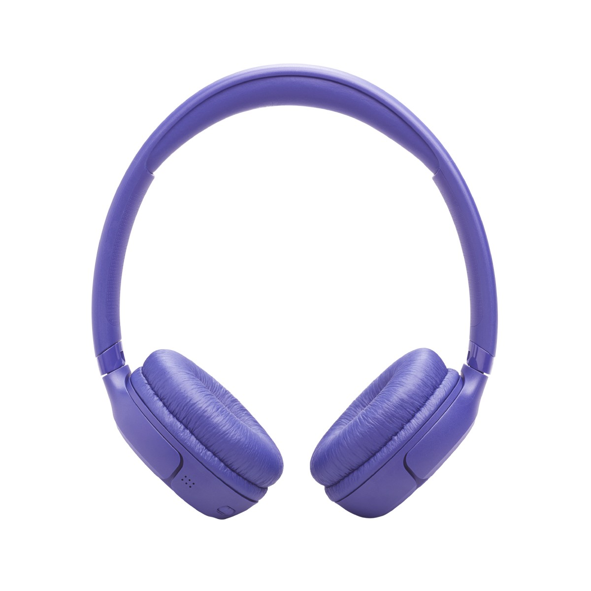 Lila On-Ear-Bluetooth-Kopfhörer mit gepolsterten Ohrmuscheln auf weißem Hintergrund.