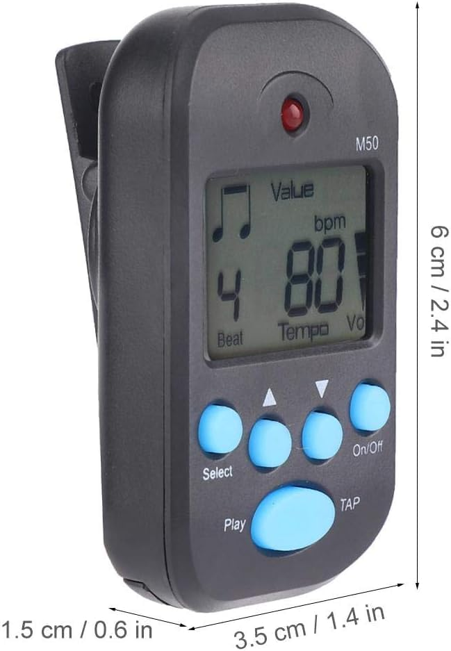 Schwarzes elektronisches Metronom mit blauen Tasten, einem LCD-Bildschirm und roten LED-Anzeigen, Maße angegeben.