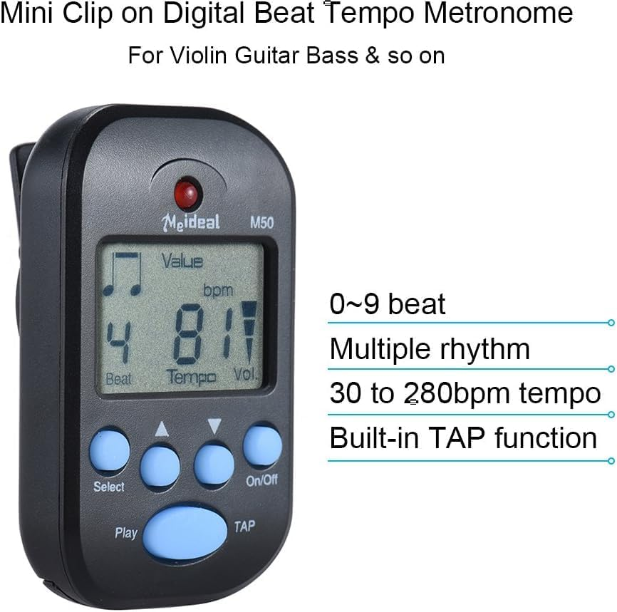 Ein schwarzes digitales Clip-On-Metronom mit LCD-Bildschirm, blauen Tasten und Text auf der Seite.