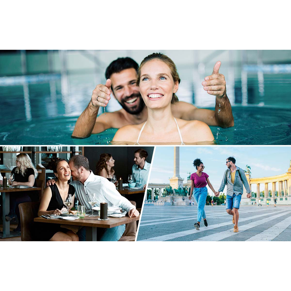 Collage aus glücklichen Paaren im Pool, beim Abendessen und beim Stadtspaziergang.