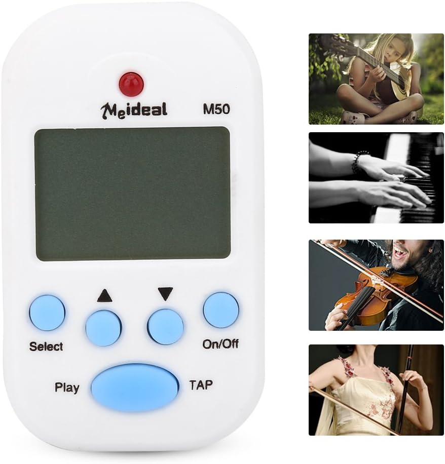 Weißes Meideal M50 Metronom mit Display und blauen Tasten, daneben kleine Bilder von Musikern.