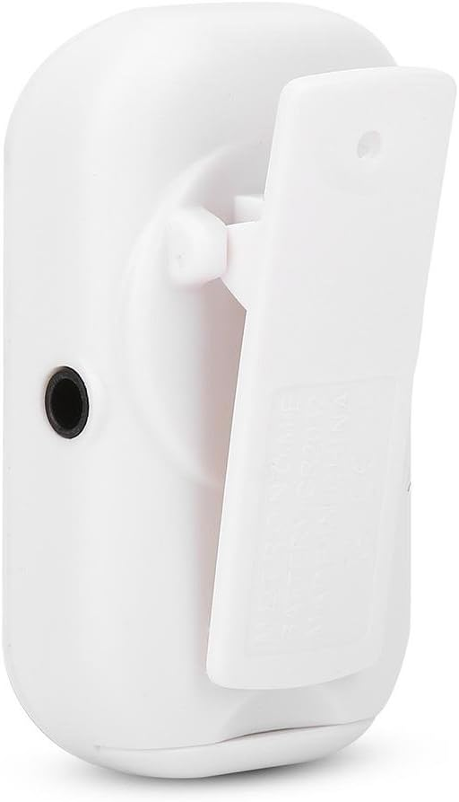 Ein weißes elektronisches Plastikgerät mit einem Gürtelclip auf der Rückseite und einem kleinen schwarzen Knopf an der Seite.