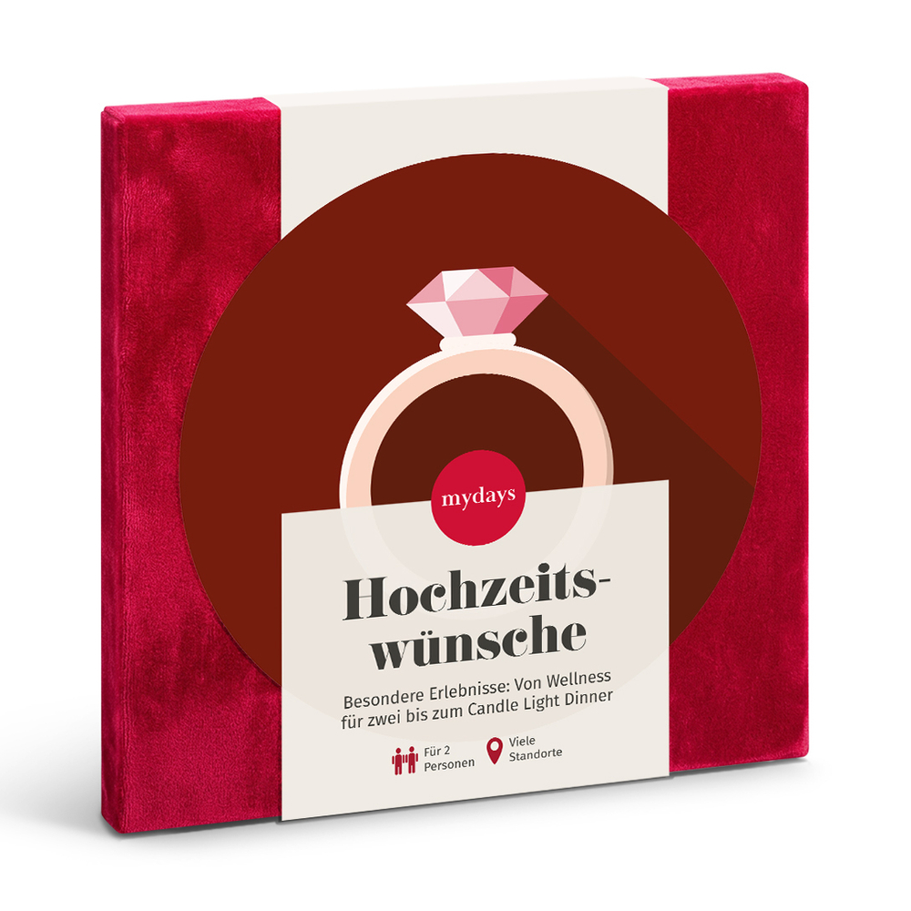 Rote Geschenkbox mit Ring-Symbol und der Aufschrift Hochzeitswünsche für Erlebnisse zu zweit.