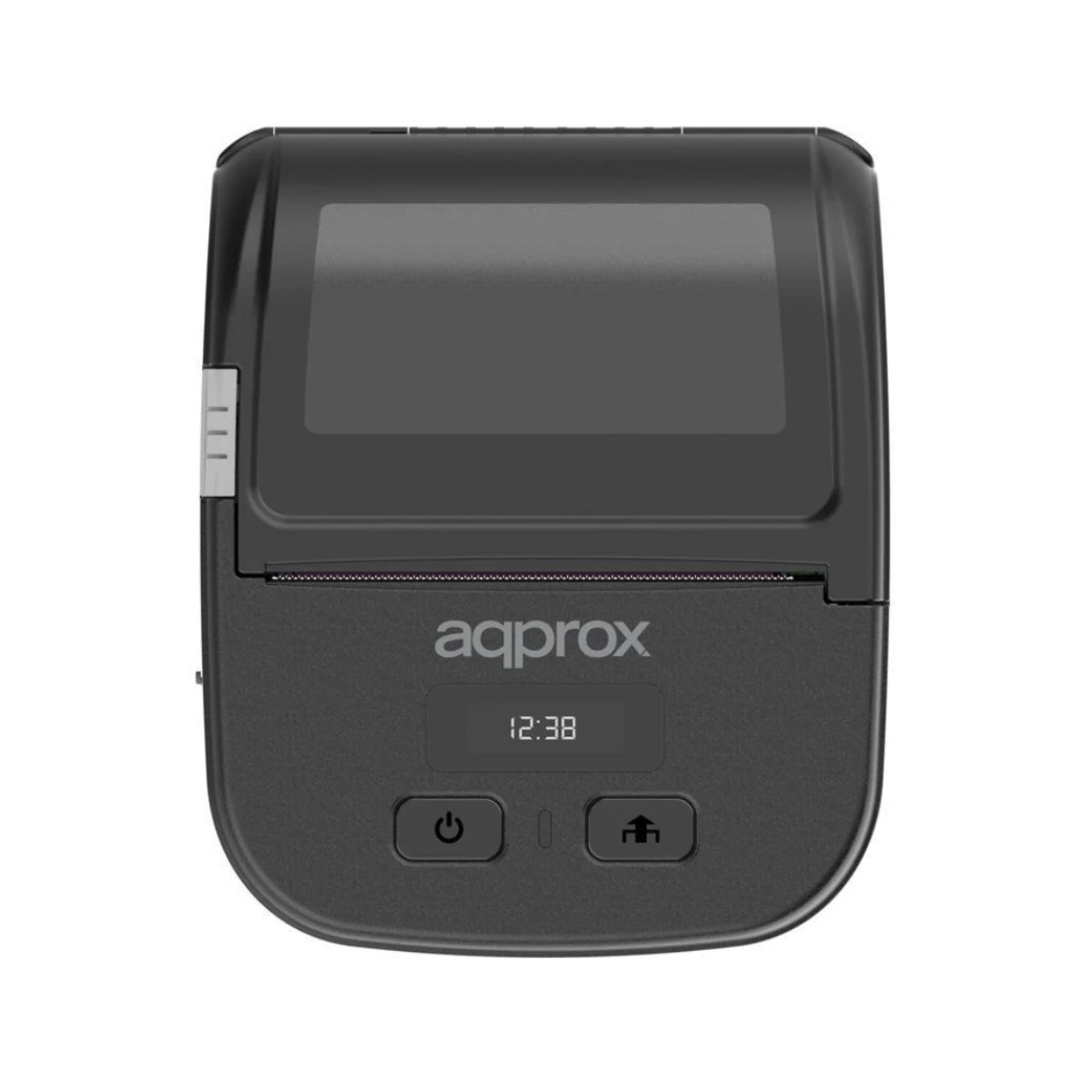 Schwarzer mobiler Belegdrucker von aqprox mit Display, Uhrzeit 12:38 und zwei Tasten.