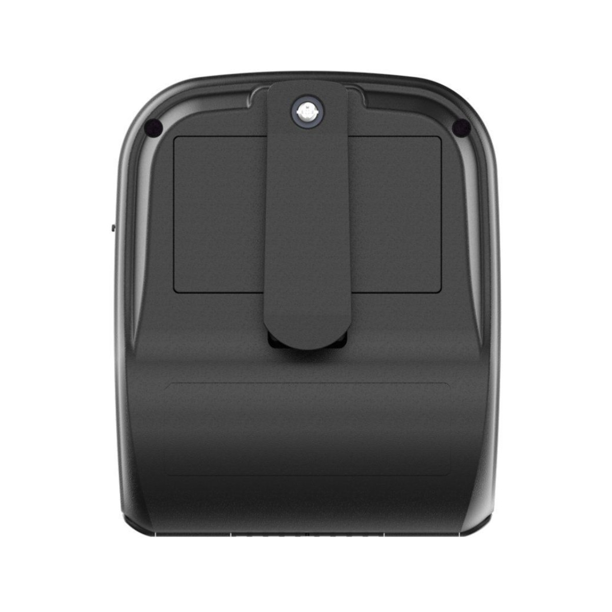 Rückseite eines schwarzen Geräts mit integriertem Gürtelclip und rechteckigem Batteriefach.