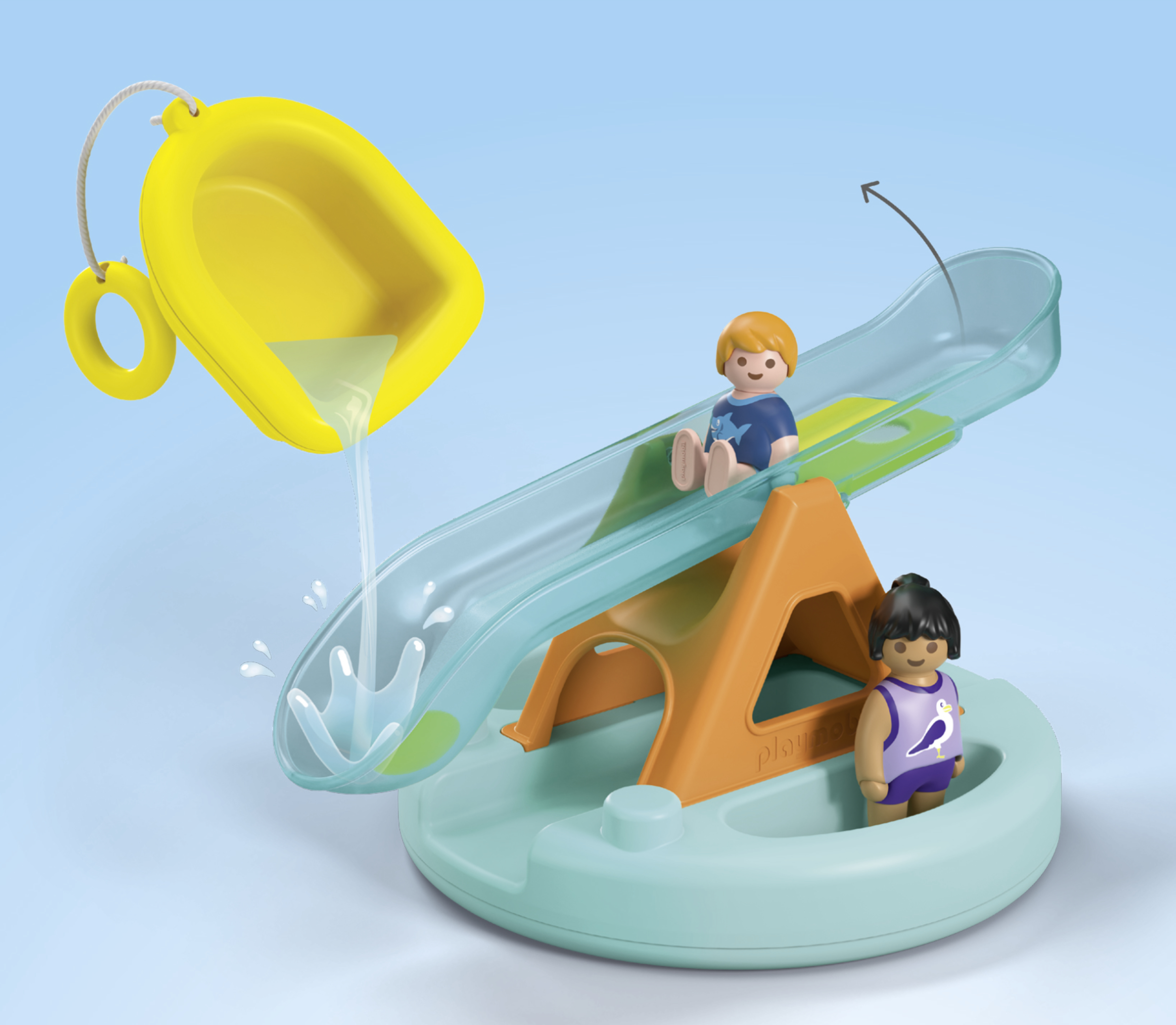 Water pours from a yellow bucket into a transparent water chute with two Playmobil figures.