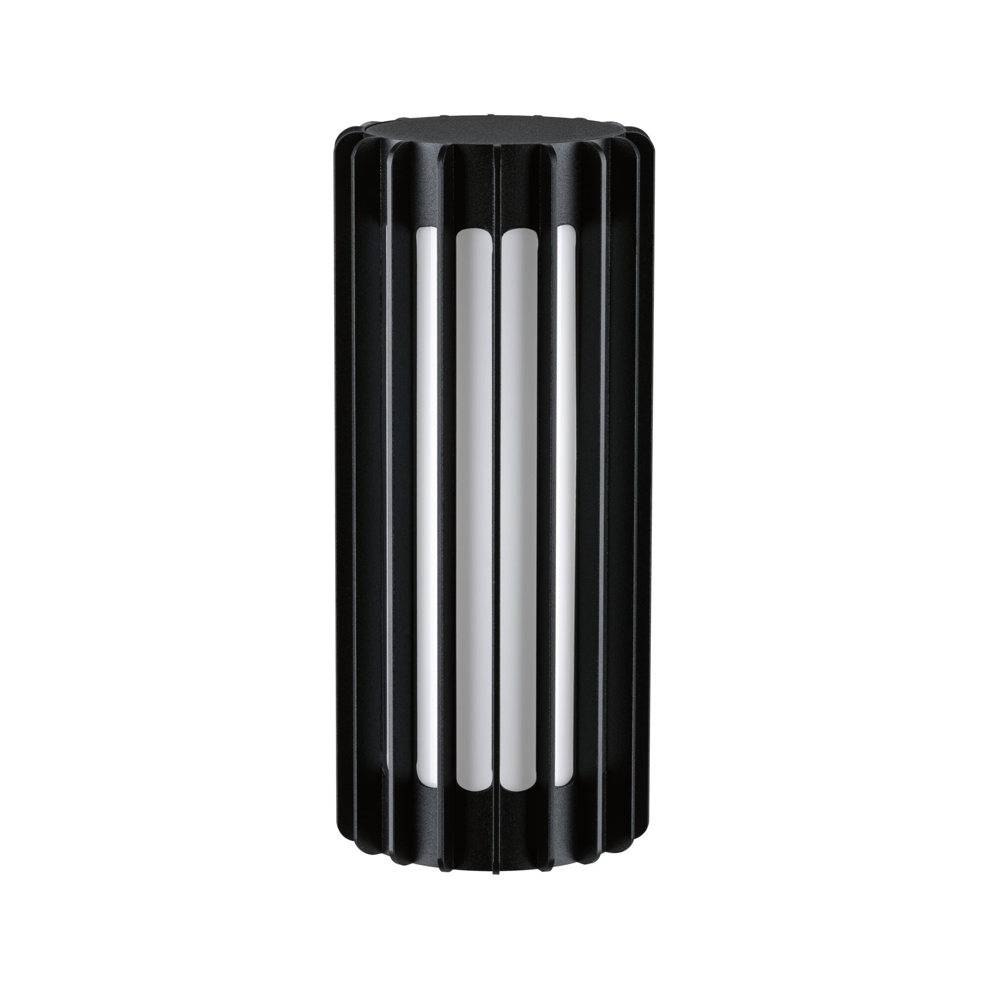Schwarze zylindrische Außenwandleuchte mit vertikalen Lamellen und weißem Diffusor.