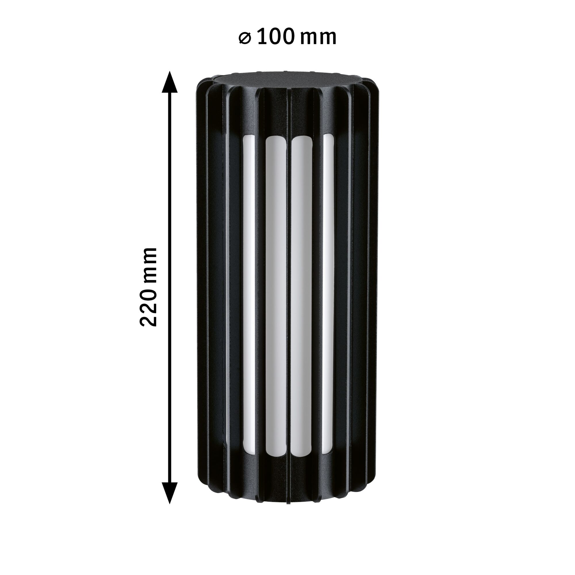 Schwarze zylindrische Außenleuchte mit Rippen und Maßen von 220 mm Höhe und 100 mm Durchmesser.