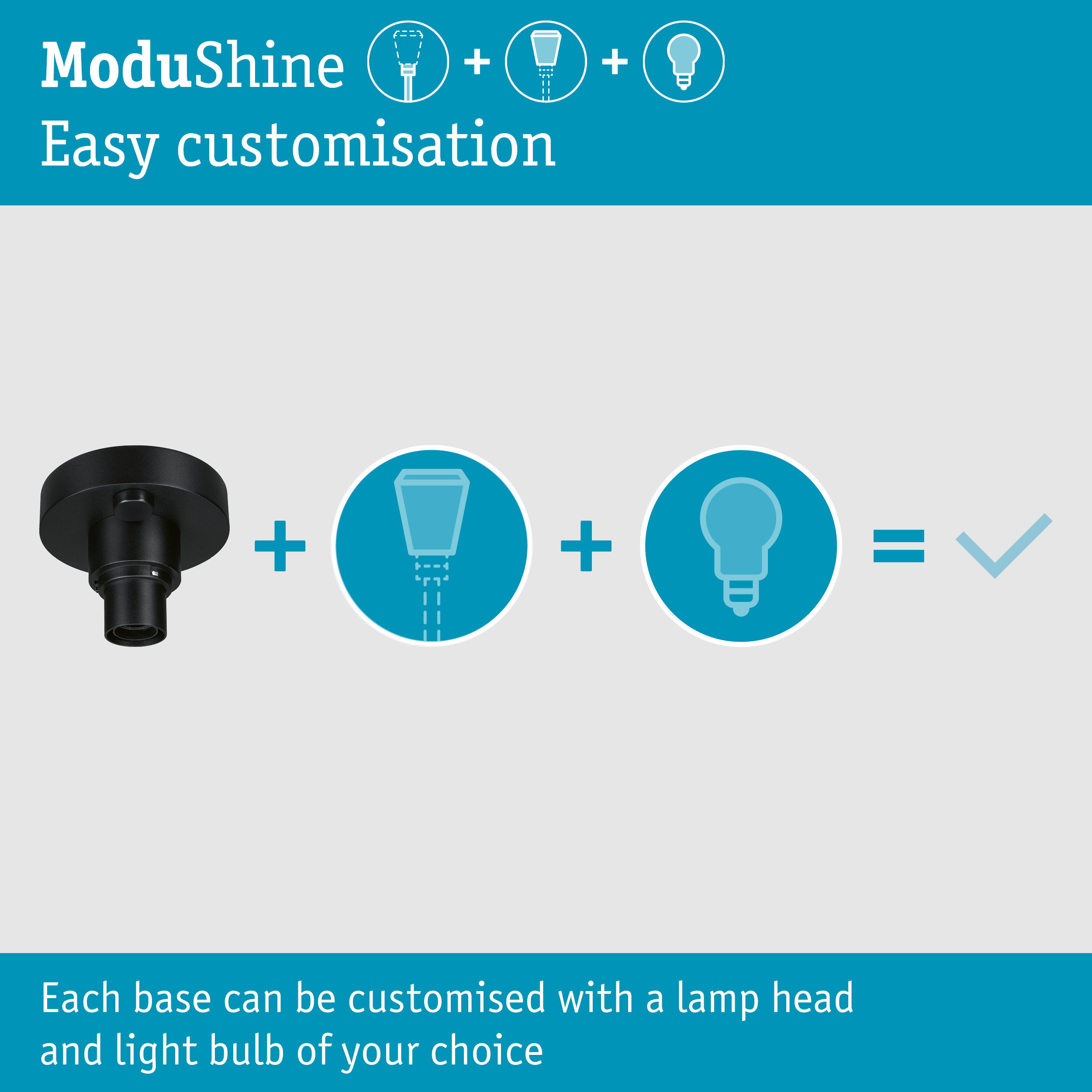 Infografik zeigt ModuShine: Basis, Lampenkopf und Glühbirne ergeben eine Lampe.