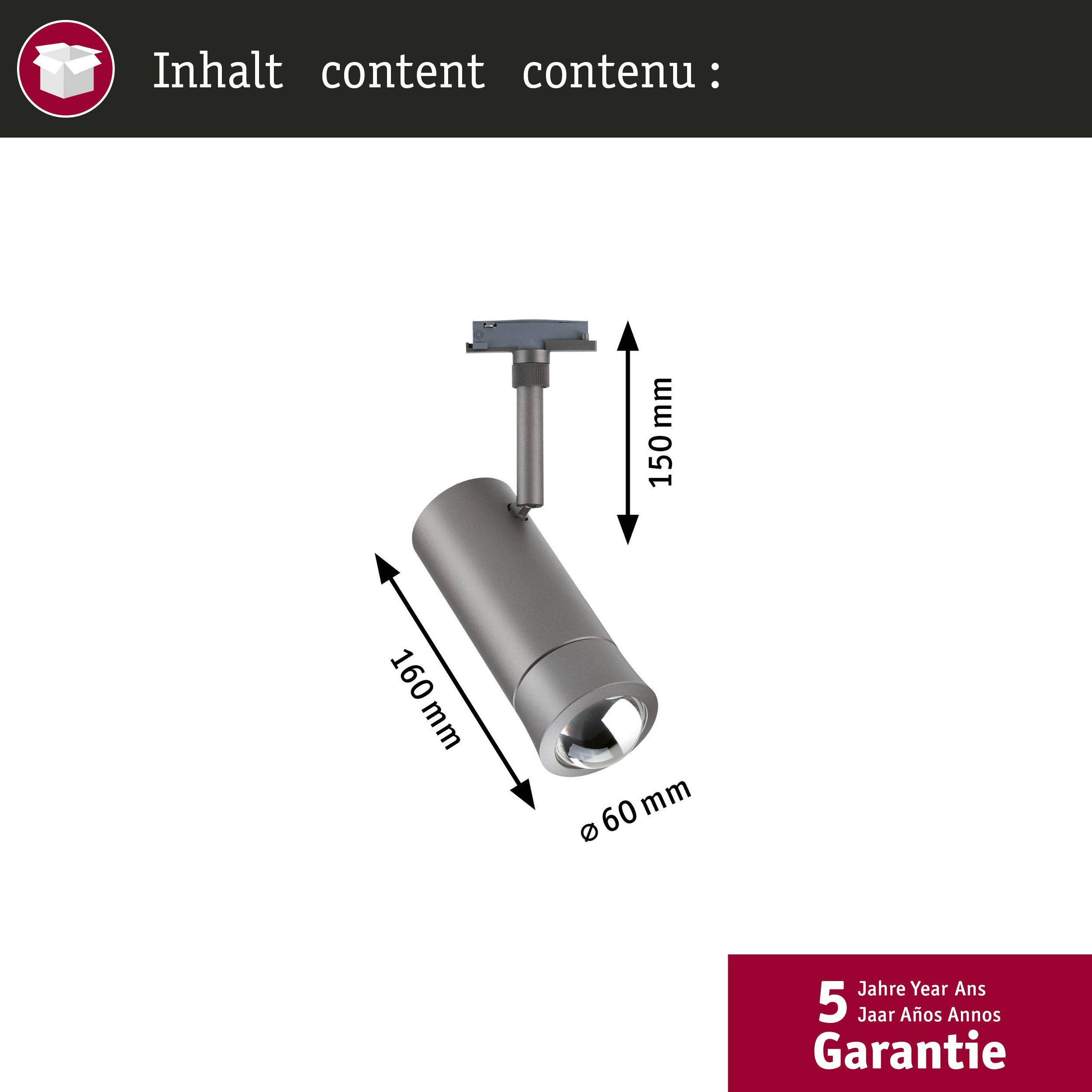 Diagramm eines grauen LED-Strahlers mit Maßangaben von 150 mm Höhe, 160 mm Länge und 60 mm Durchmesser.