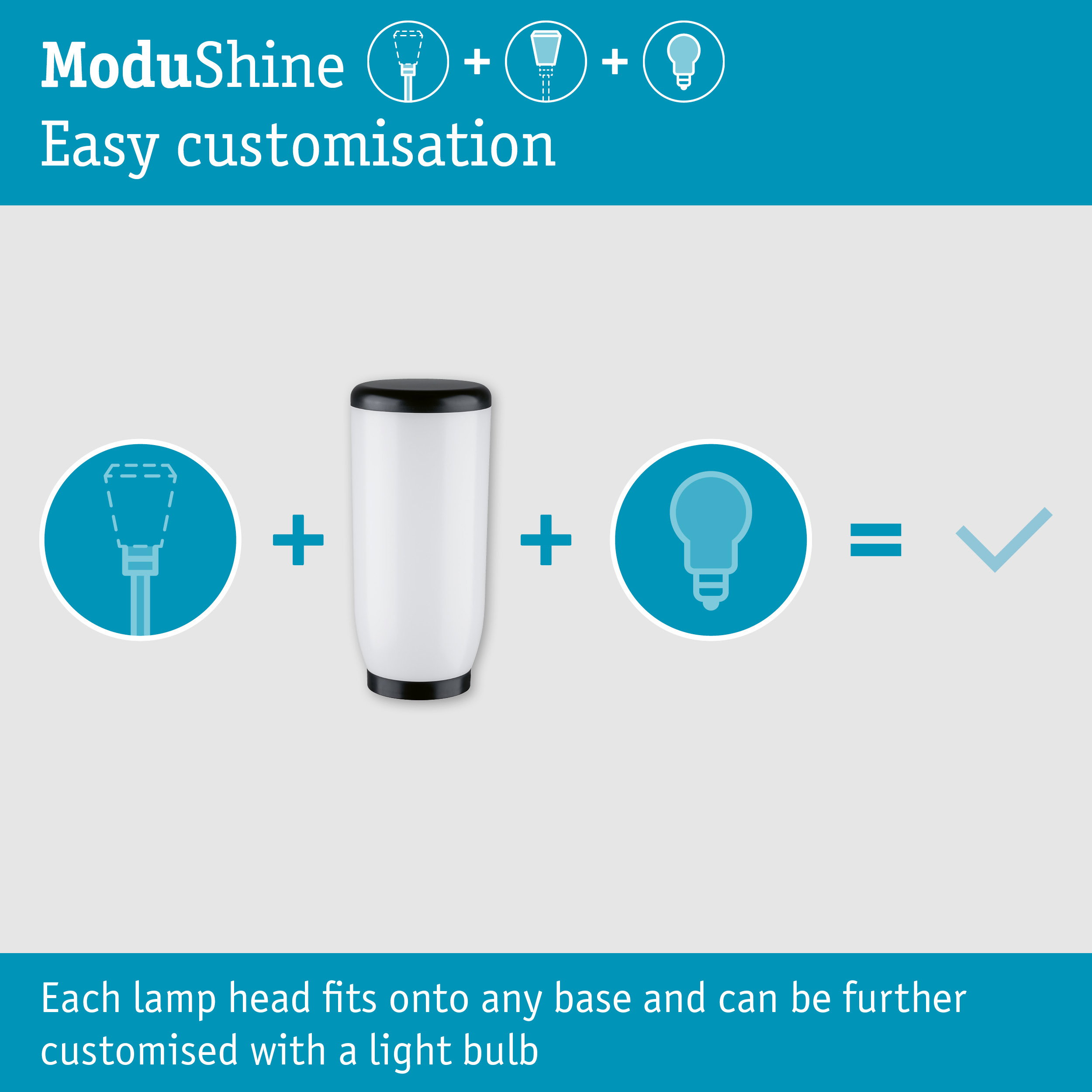 ModuShine Anpassungsanleitung mit Lampenteilen, Sockel und Glühbirne für eine Lampe.