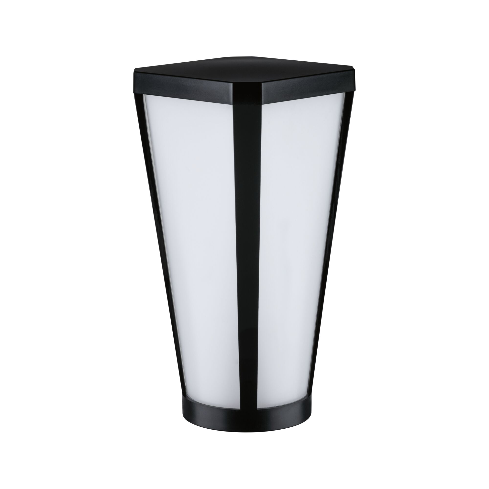 Moderne schwarze Wegeleuchte mit weißem Glas und konischem Design vor weißem Hintergrund.