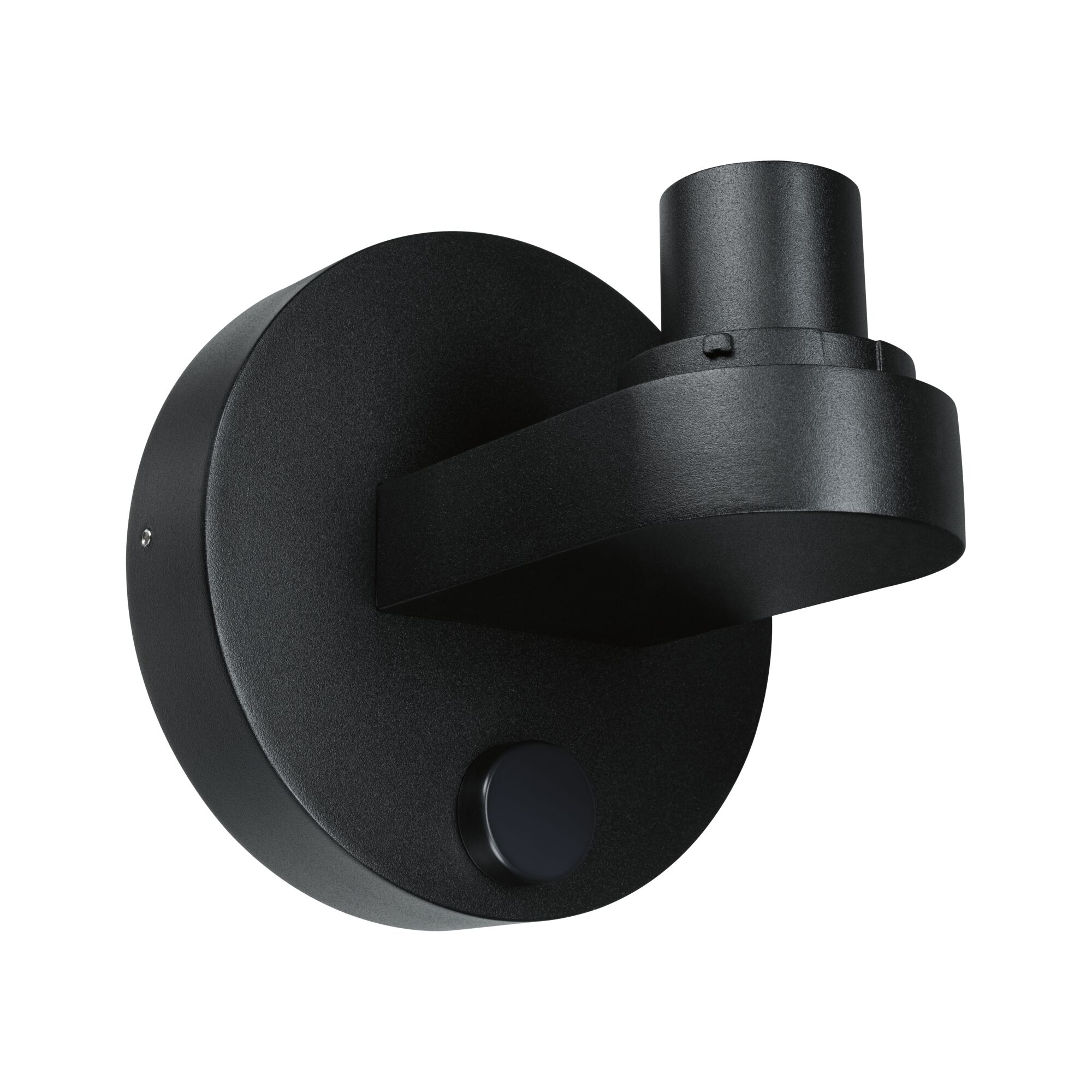 Eine moderne schwarze Wandlampe mit zylindrischem Kopf und runder Basis auf weißem Grund.