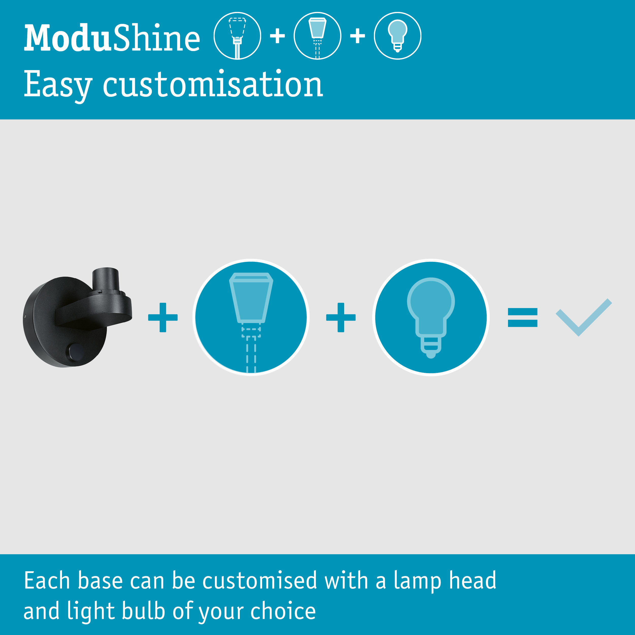 ModuShine-Diagramm zeigt, wie eine Basis, ein Lampenkopf und eine Glühbirne zu einer Leuchte kombiniert werden.