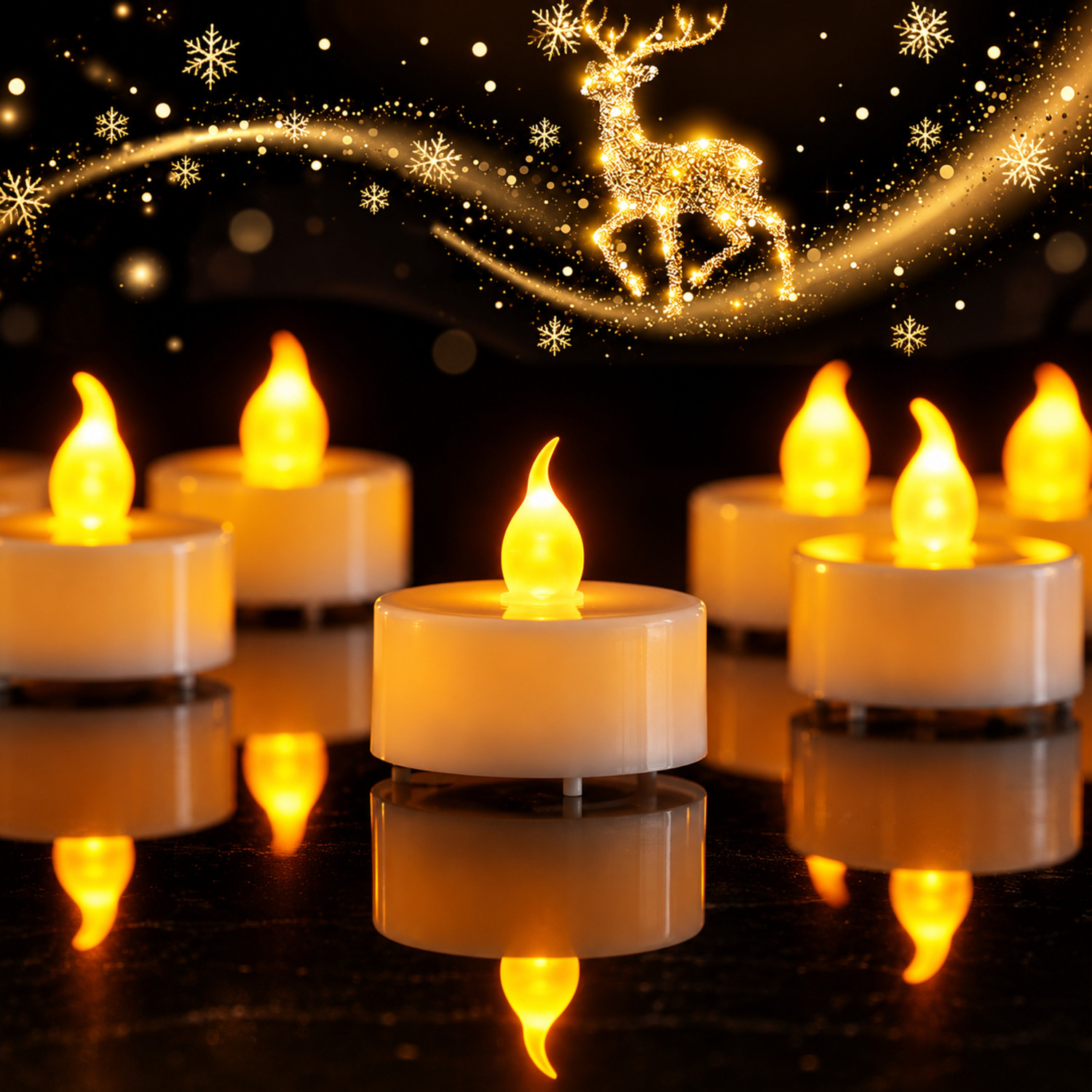 Brennende LED-Teelichter auf dunklem Grund mit goldenem Hirsch und Schneeflocken.