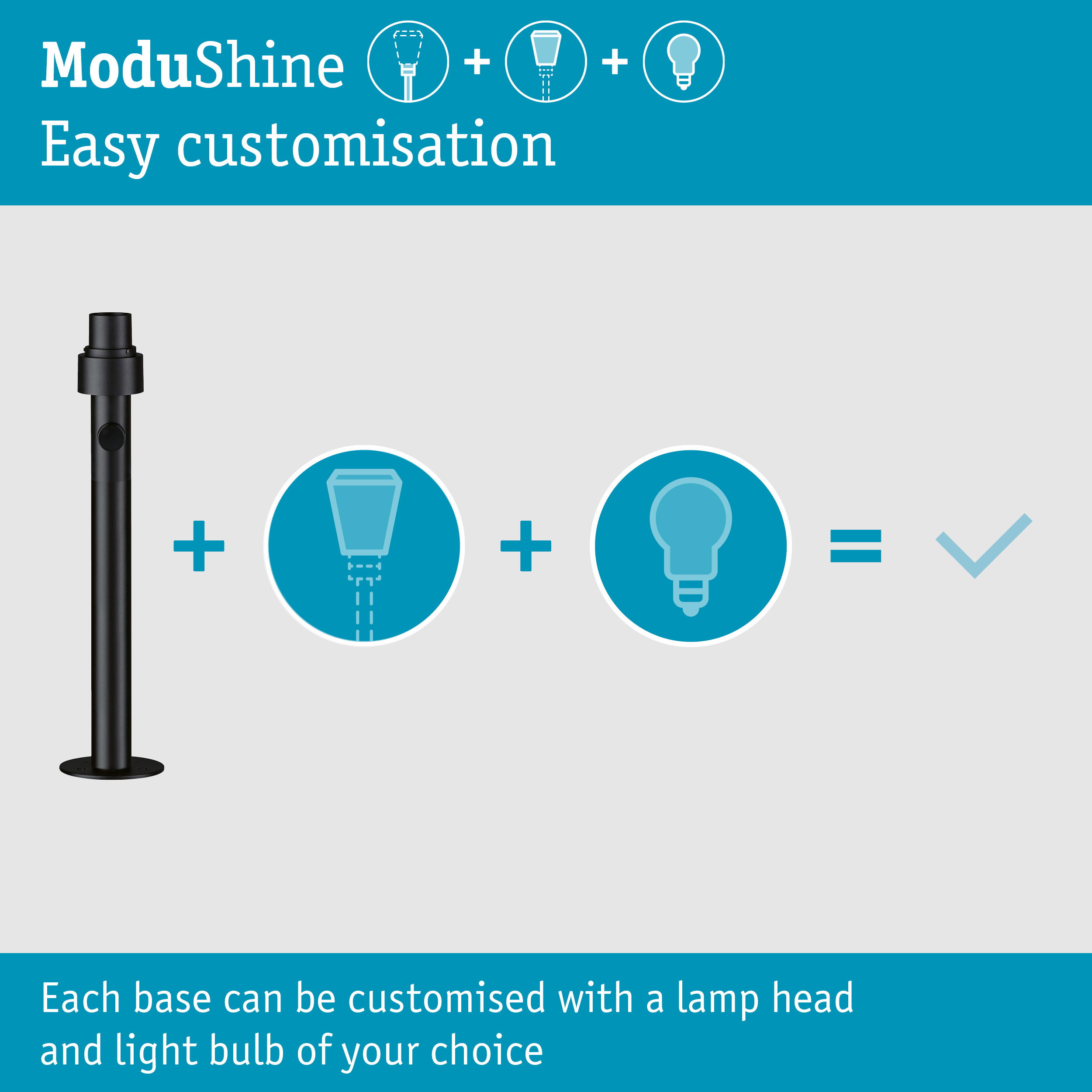 Diagramm zeigt ModuShine: Basis plus Lampenkopf plus Glühbirne ergibt eine individuelle Leuchte.