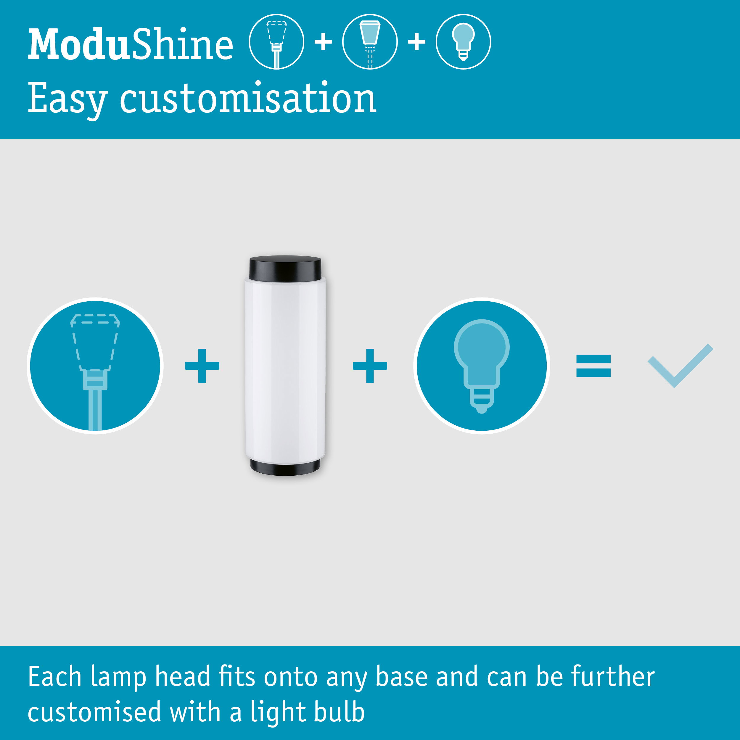 ModuShine-Diagramm zeigt die Kombination aus Lampenkopf, Sockel und Glühbirne.