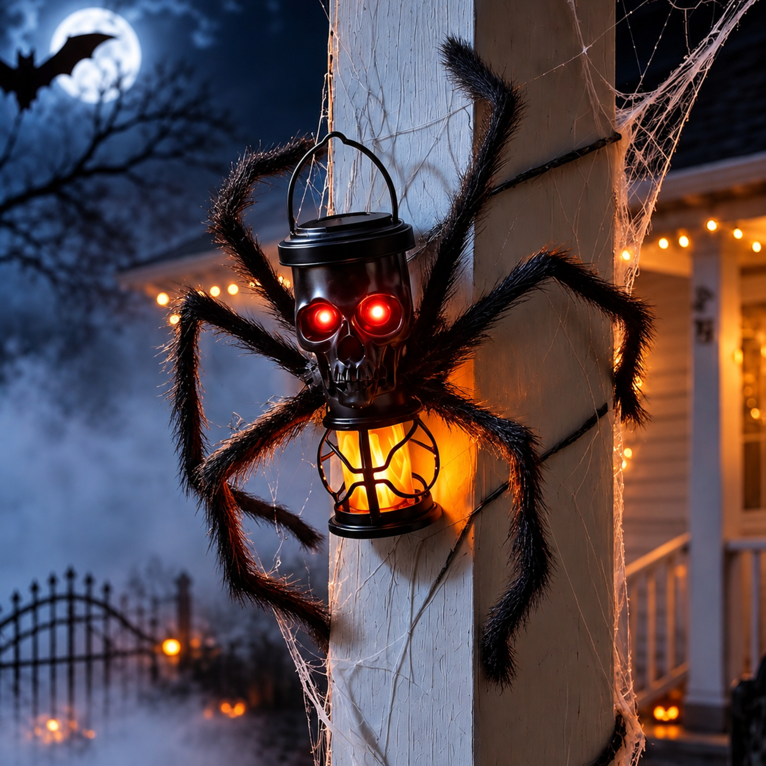Eine gruselige Halloween-Laterne in Form eines Totenkopfs mit Spinnenbeinen an einer Holzsäule.