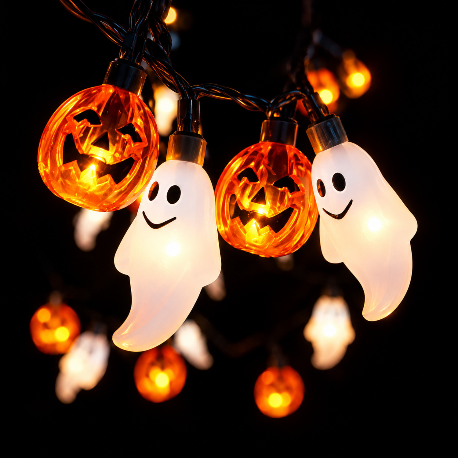 Leuchtende Halloween-Lichterkette mit Kürbissen und Geistern vor dunklem Hintergrund.