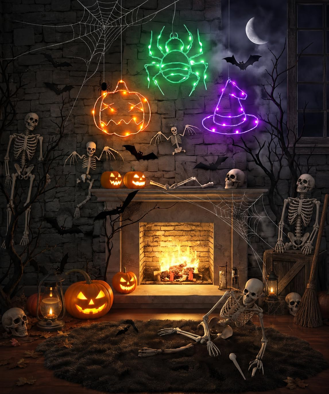 Halloween-Kamin mit Kürbissen, Skeletten und Leuchtdekorationen.
