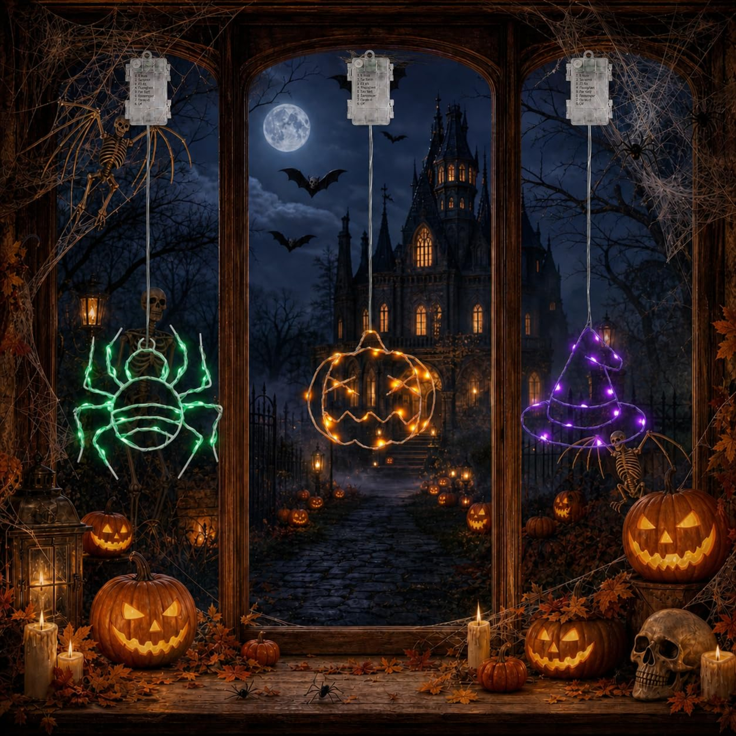 Halloween-Szene durch ein Fenster mit leuchtenden Kürbissen, einer geisterhaften Burg und hängenden Lichtfiguren.
