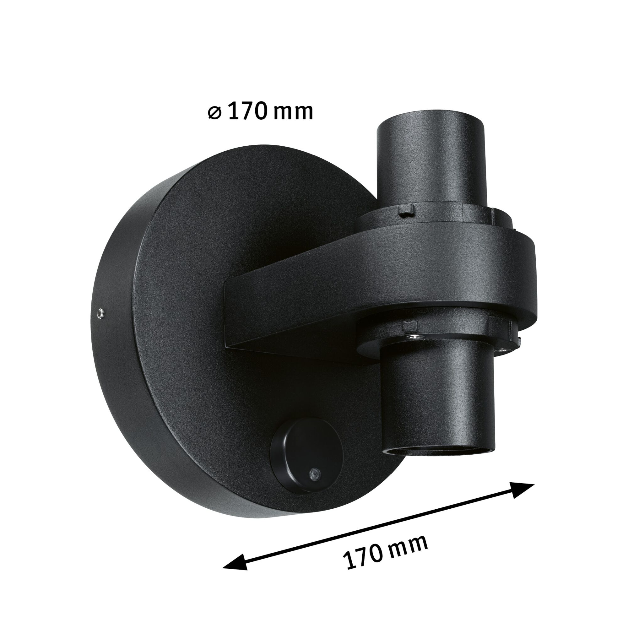 Schwarze zylindrische Wandlampe mit Maßen von 170 mm auf weißem Hintergrund.