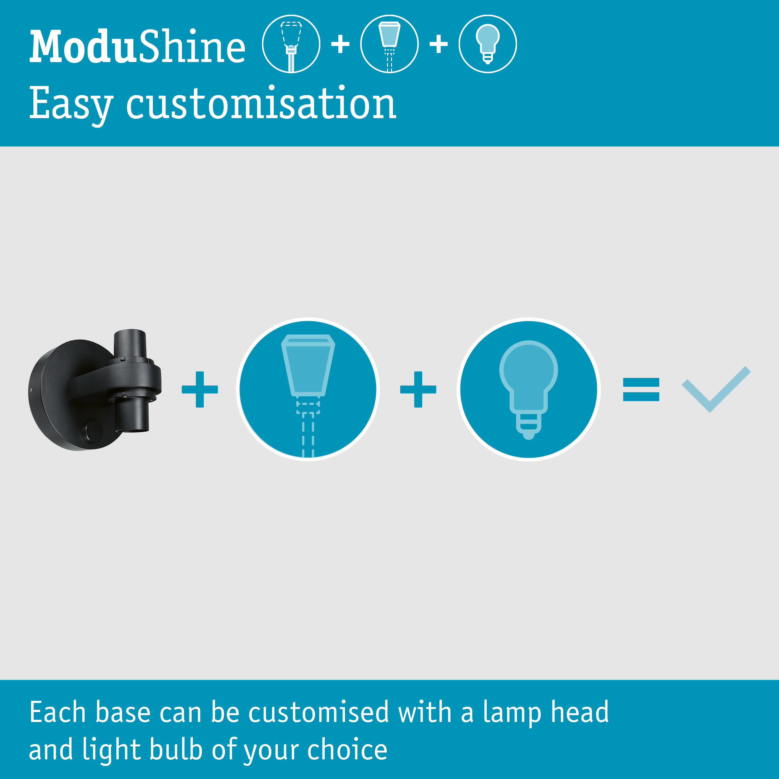 Diagramm zeigt, wie eine schwarze Lampenbasis mit einem Lampenkopf und einer Glühbirne angepasst wird.