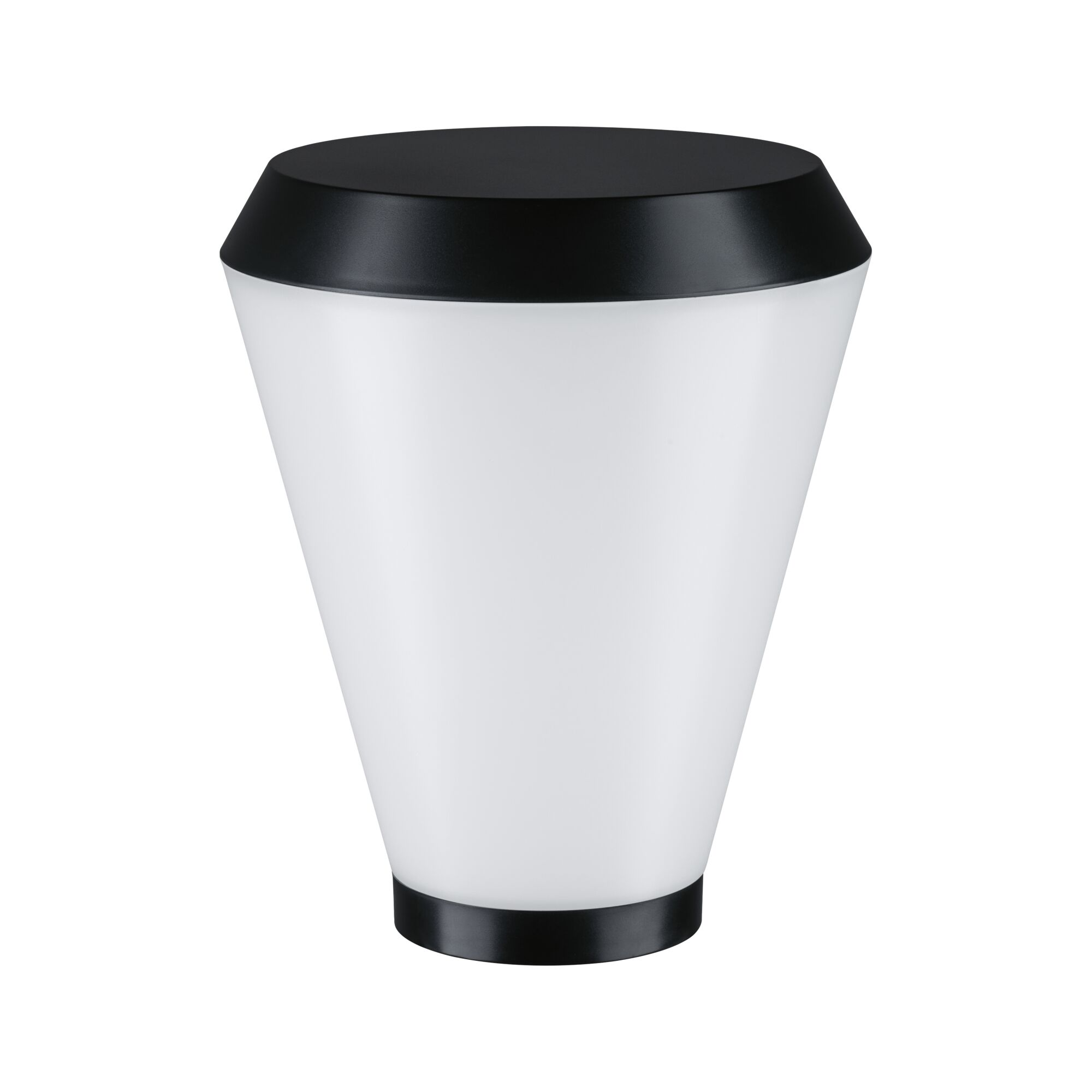 Moderne schwarz-weiße Außenleuchte mit konischem, weißem Diffusor und flachem schwarzem Deckel auf weißem Hintergrund.