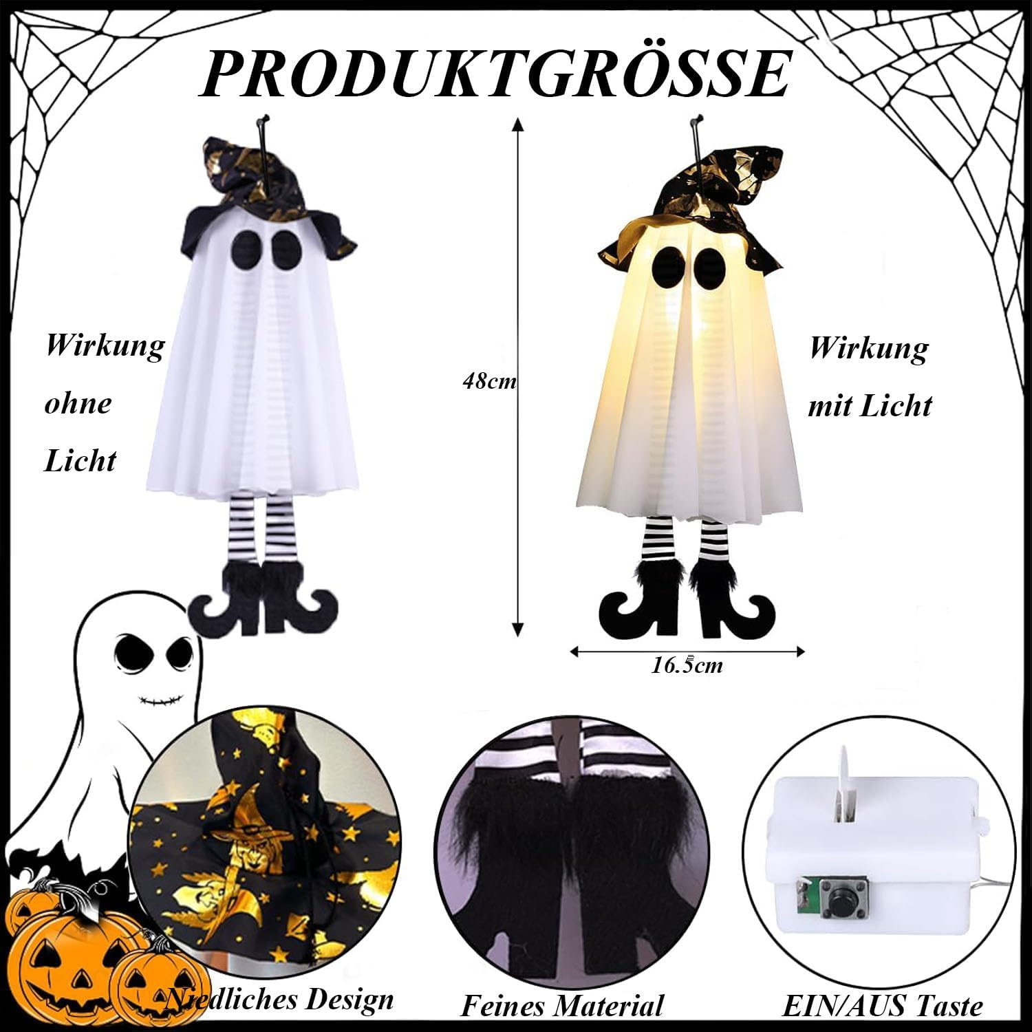 Produktgröße und Details eines hängenden Halloween-Geistes mit Licht und Hexenhut, 48 cm groß.
