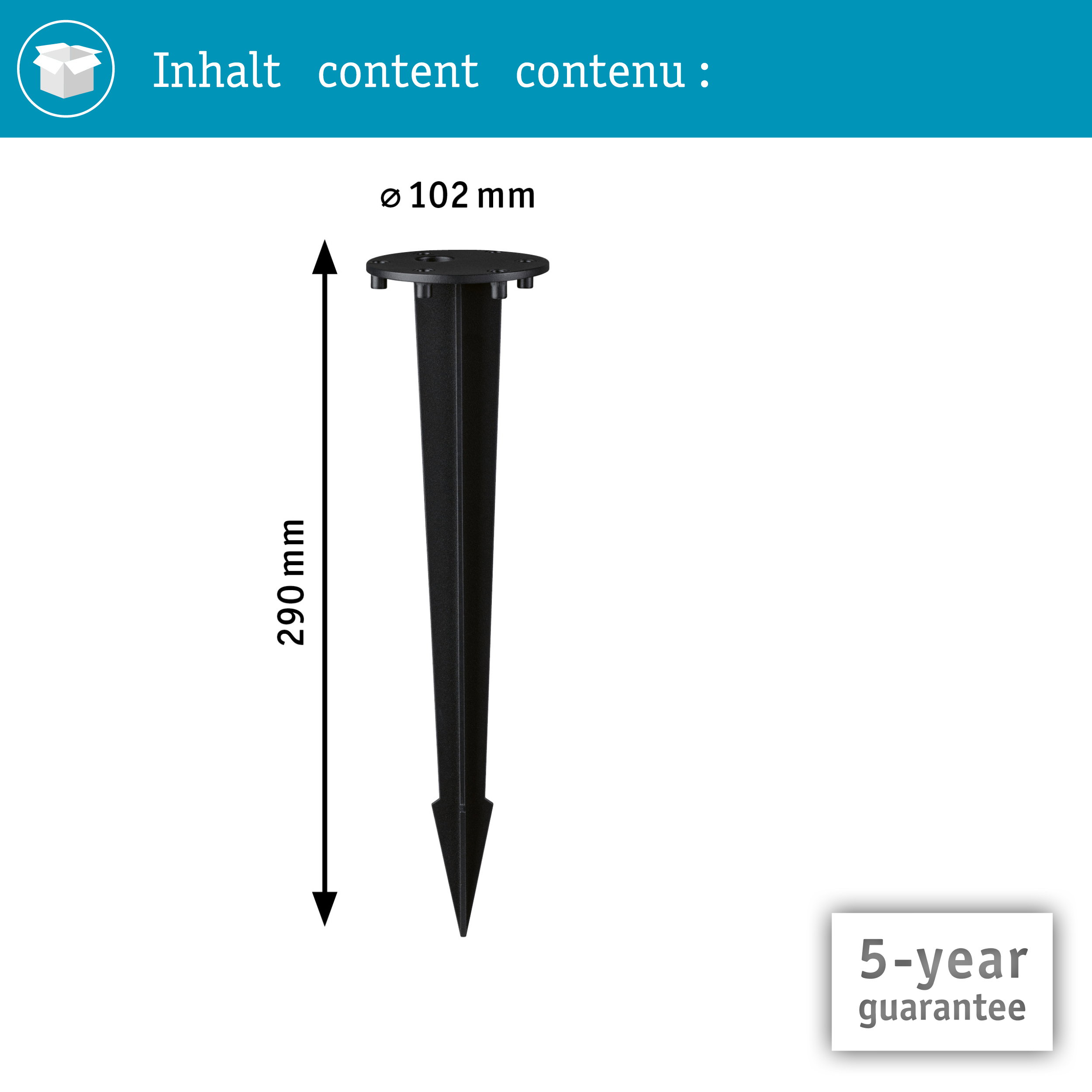 Technische Zeichnung eines 290 mm langen und 102 mm breiten schwarzen Erdnasses mit 5 Jahren Garantie.