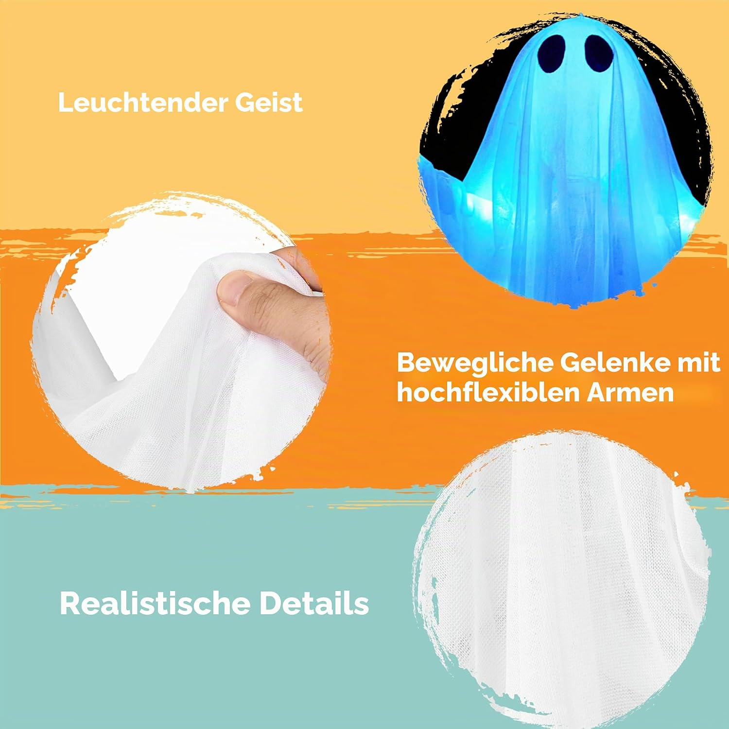 Produktwerbung für einen leuchtenden, flexiblen Geister-Dekoartikel mit weißem Stoff und blauer Beleuchtung.