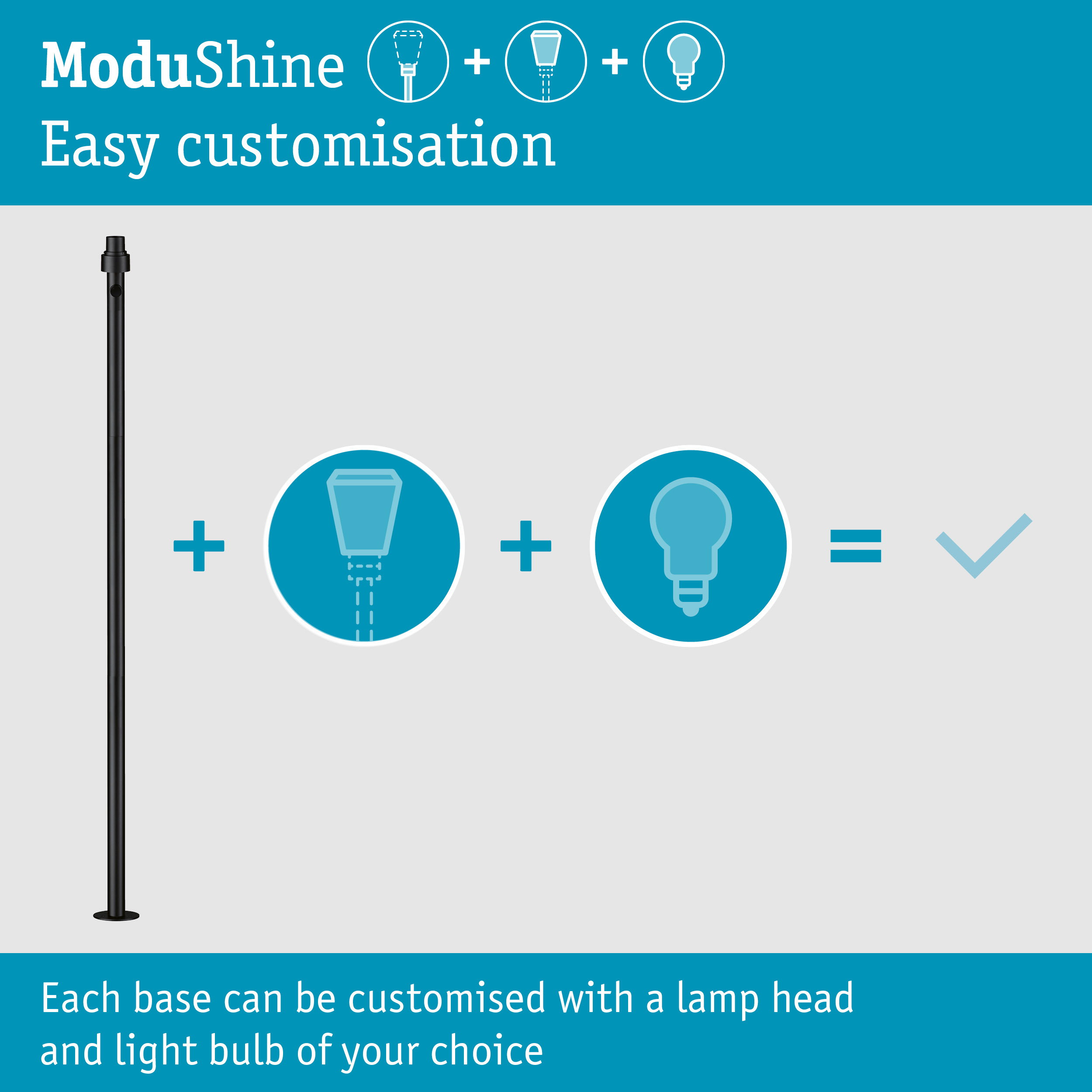 Infografik zeigt ModuShine: Lampenbasis plus Kopf plus Glühbirne.
