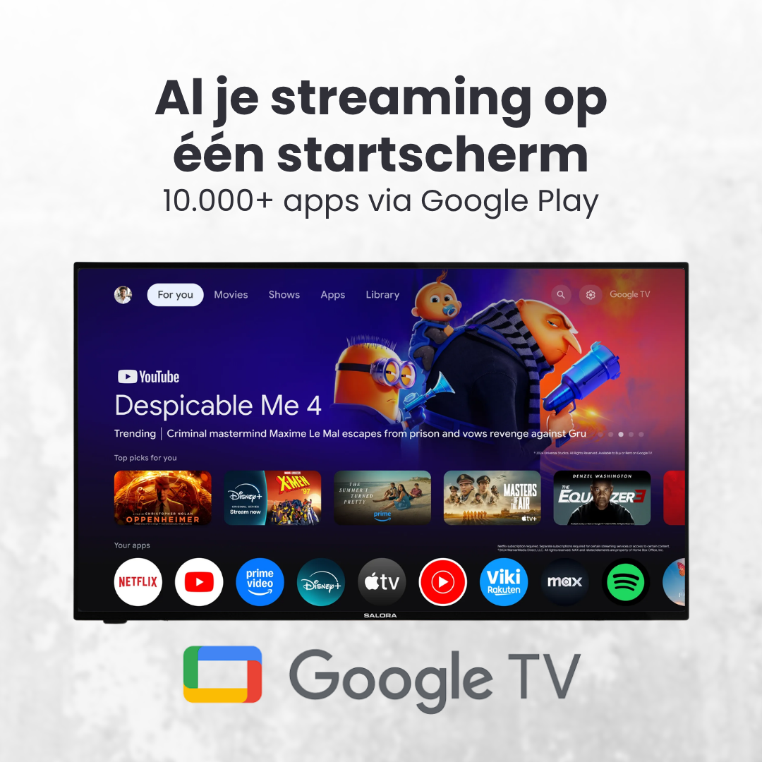 Google TV-Bildschirm zeigt Despicable Me 4 und Streaming-Apps.