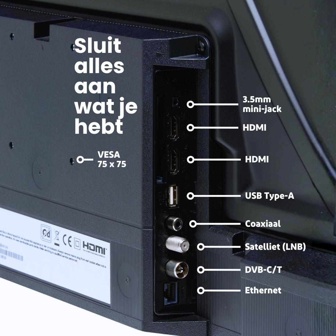 Rückseite eines Fernsehers mit beschrifteten Anschlüssen wie HDMI, USB und Ethernet sowie VESA-Halterung.