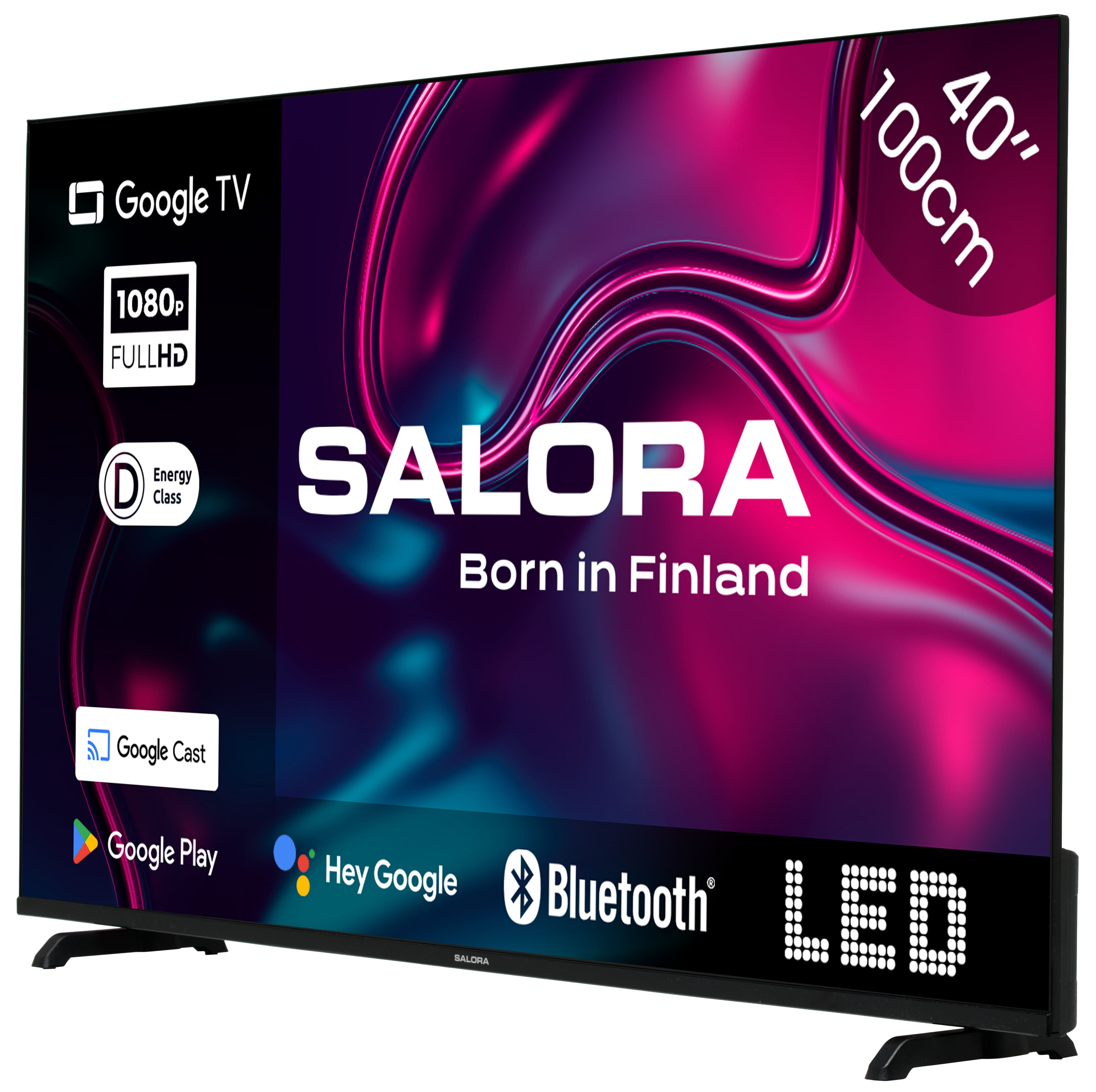 Salora 40-Zoll-Smart-TV mit Google TV, LED-Display und verschiedenen Logos auf dem bunten Bildschirm.