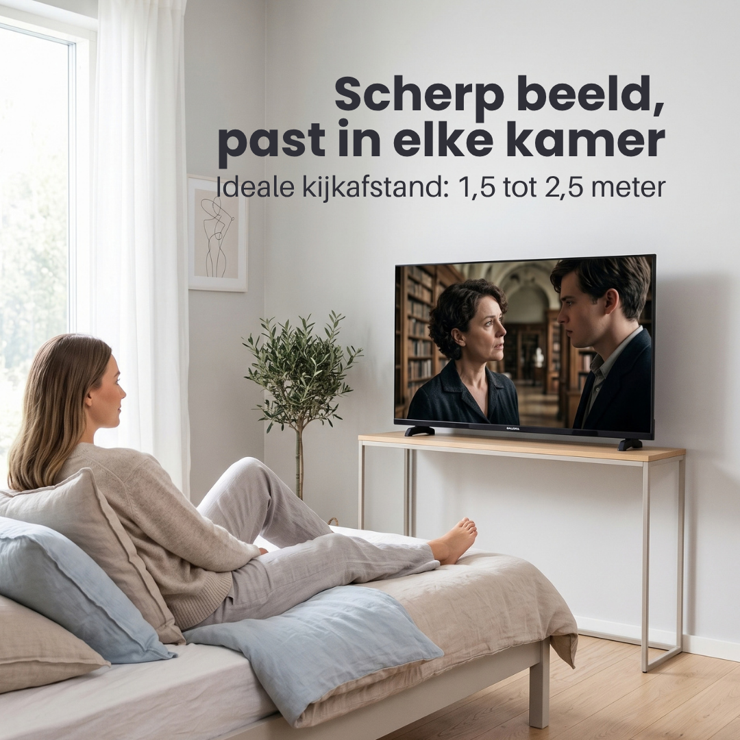 Eine Frau sitzt auf dem Bett und schaut fern, mit Text im Hintergrund.