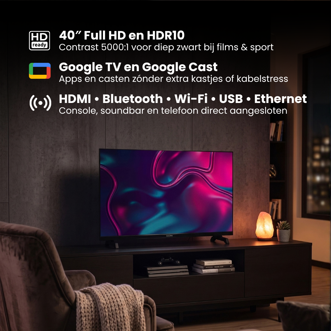Ein 40 Zoll Fernseher mit Google TV steht auf einem Schrank in einem gemütlichen Wohnzimmer.