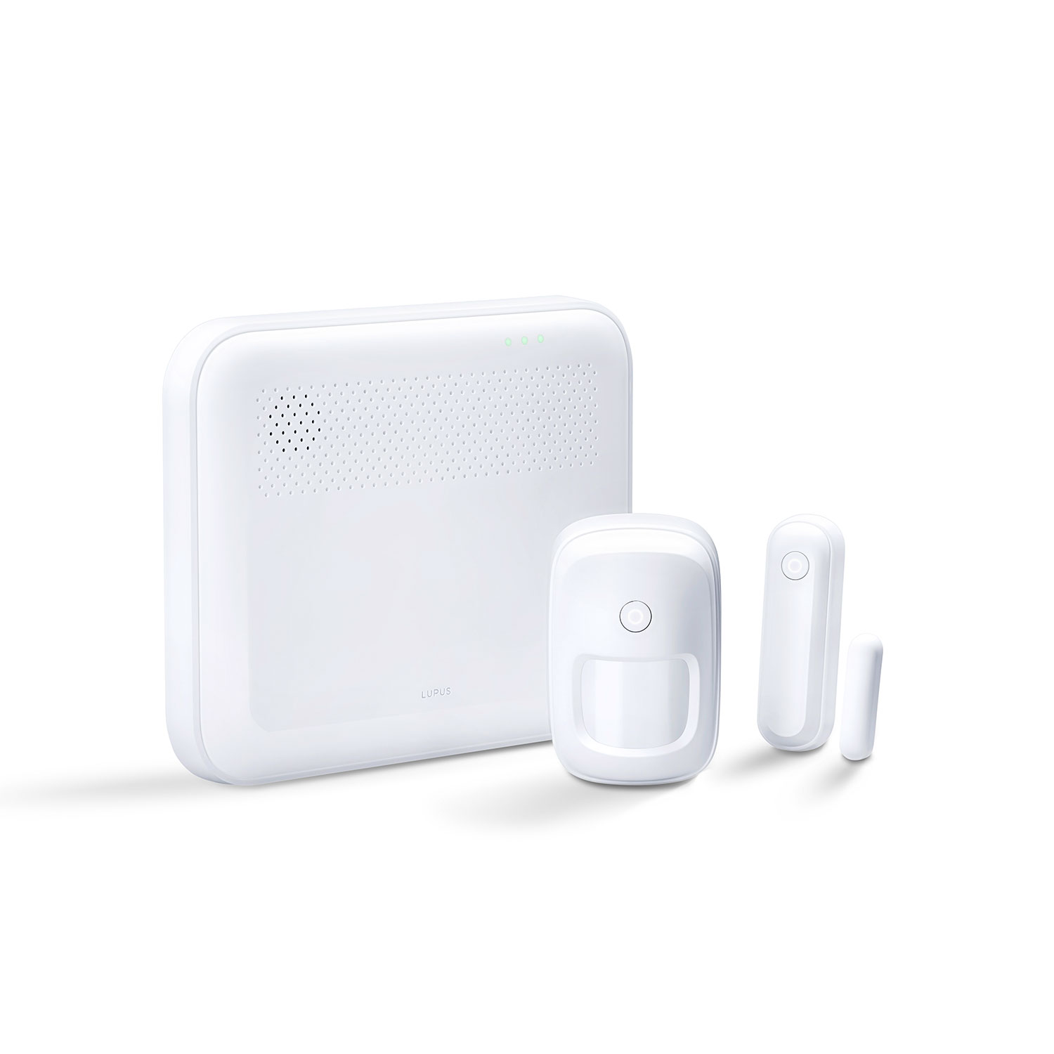 Ein weißes Sicherheitssystem-Set mit Zentrale, Bewegungsmelder und Türsensor vor weißem Hintergrund.