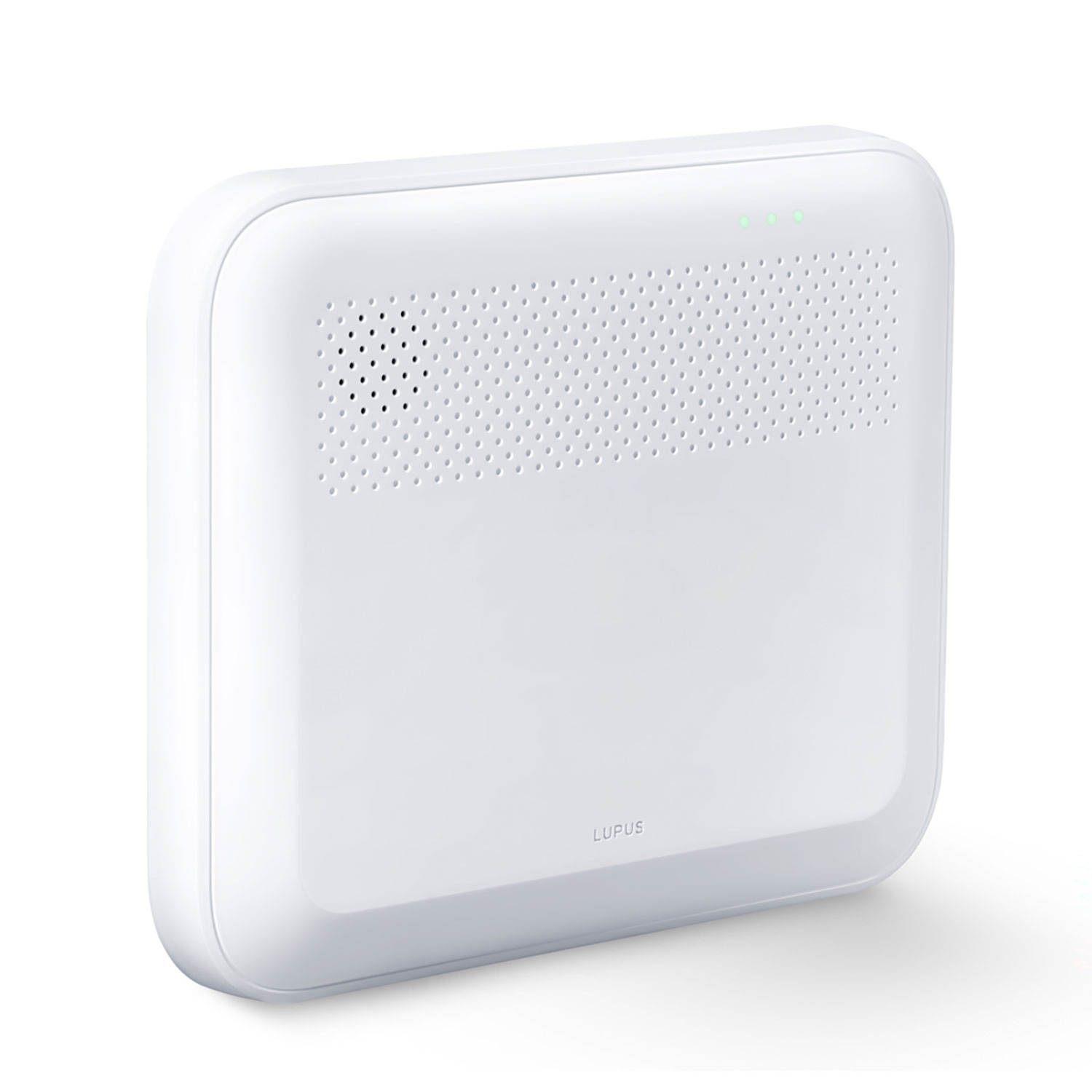 Ein weißes, rechteckiges Lupus Smart-Home-Sicherheitsgerät mit Lüftungslöchern und drei grünen Kontrollleuchten.