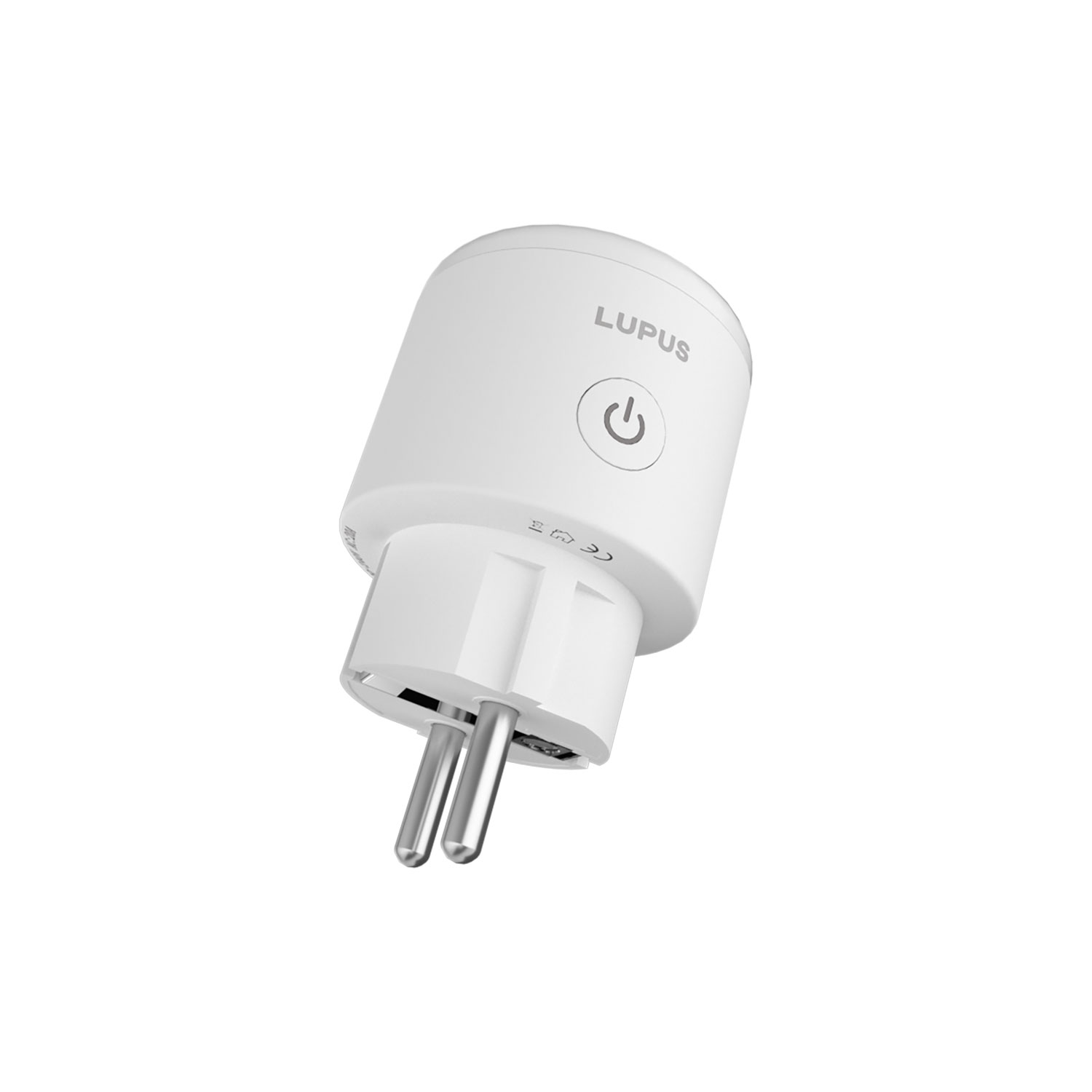 Weißer LUPUS Smart-Plug mit runder Form und Ein-Aus-Schalter auf der Vorderseite.