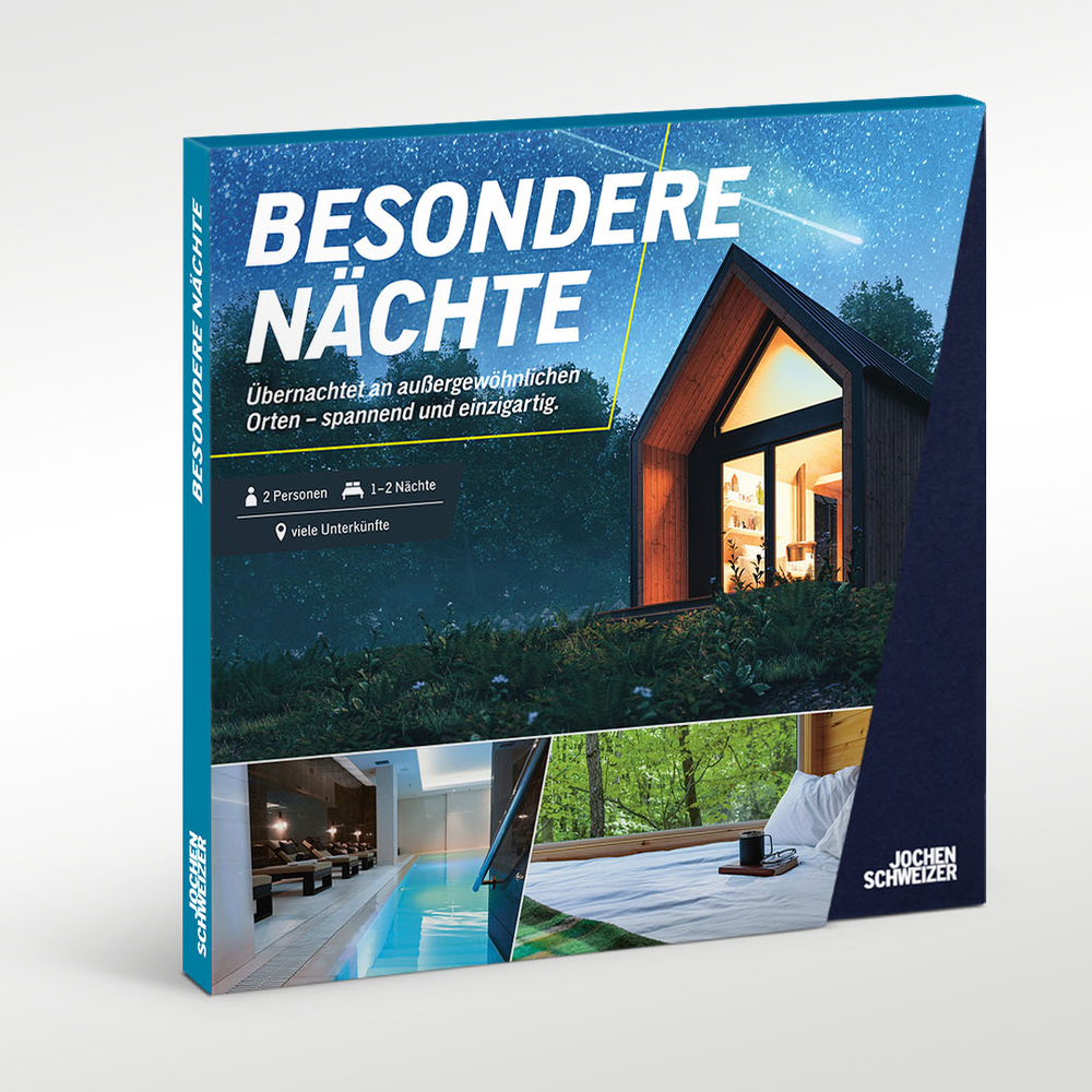 Geschenkbox für besondere Nächte mit Bildern von Unterkünften und der Aufschrift Besondere Nächte.