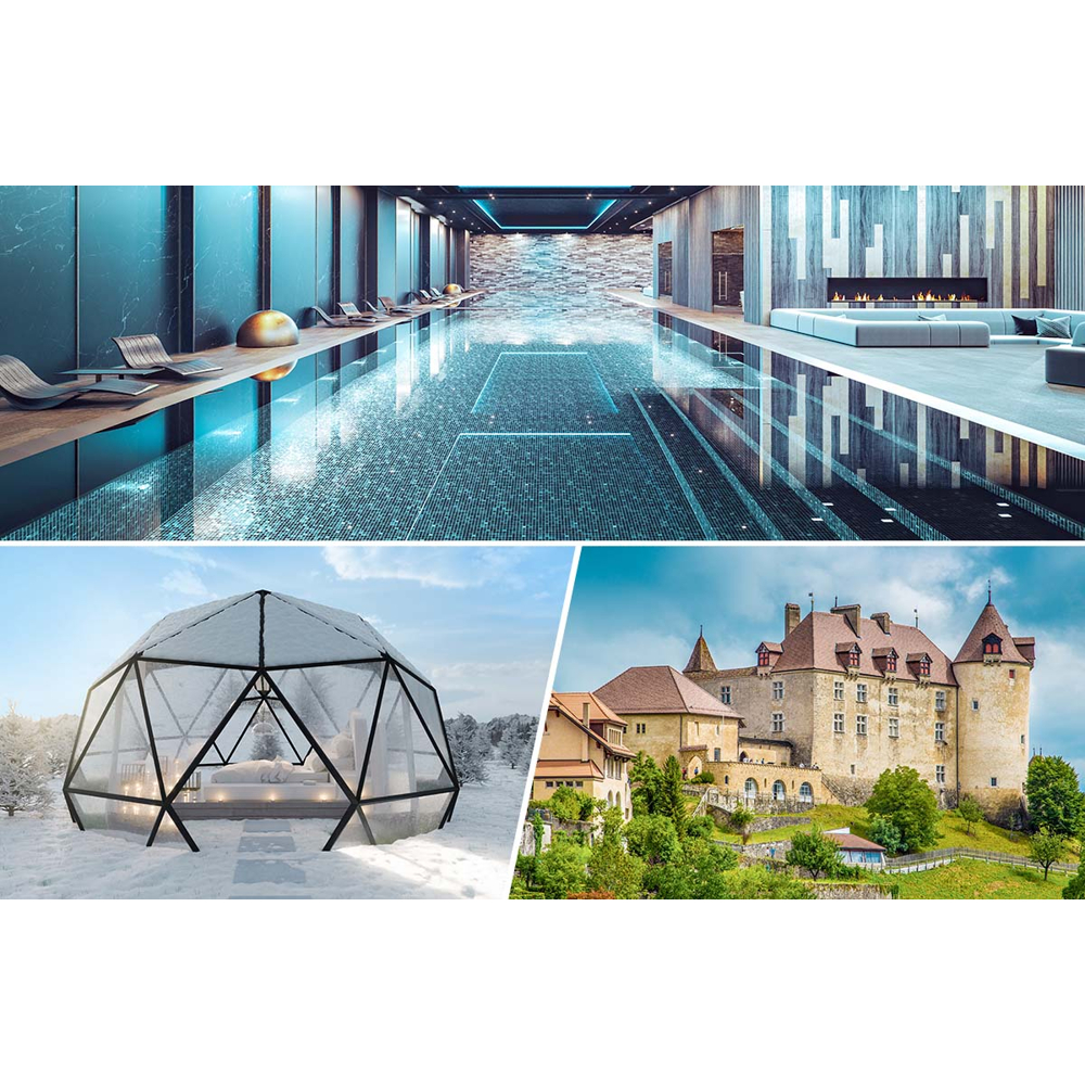 Eine dreigeteilte Ansicht zeigt ein luxuriöses Hallenbad, eine gläserne Kuppel im Schnee und ein historisches Schloss.