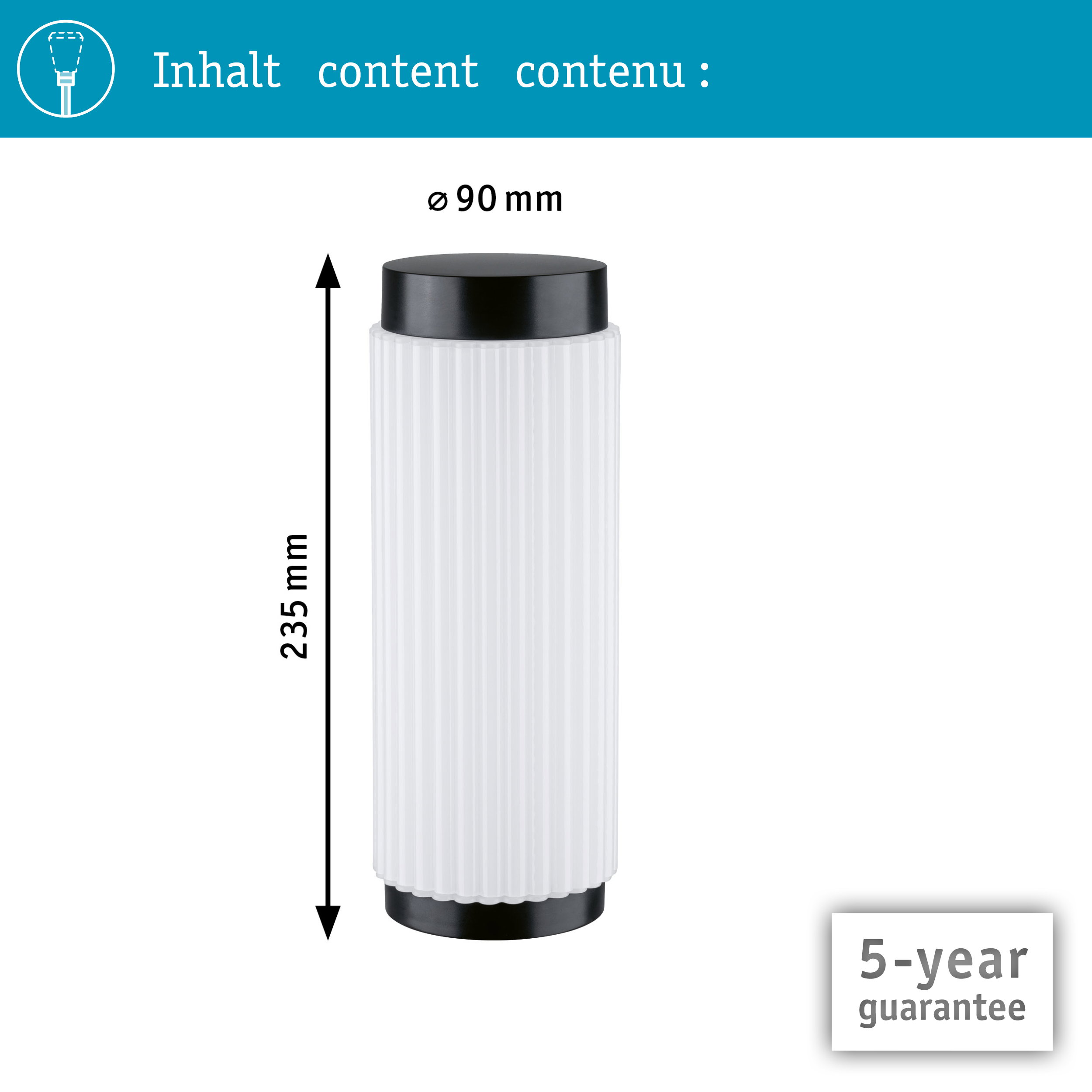 Diagramm zeigt eine zylindrische weiße Lampe mit schwarzen Endkappen, 235 mm Höhe und 90 mm Durchmesser.