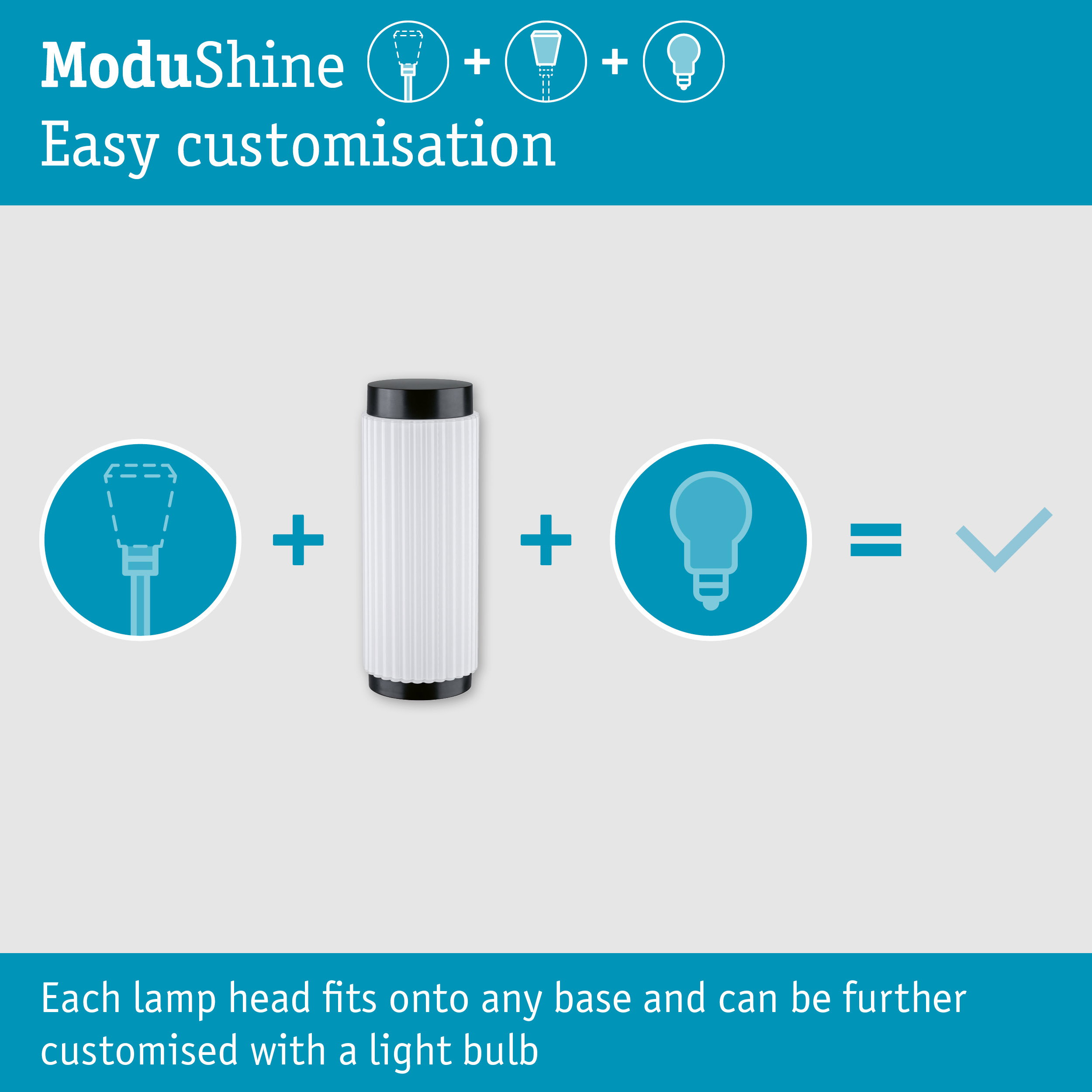 ModuShine-Infografik: Lampenkopf, zylindrischer Sockel und Glühbirne ergeben eine Lampe.