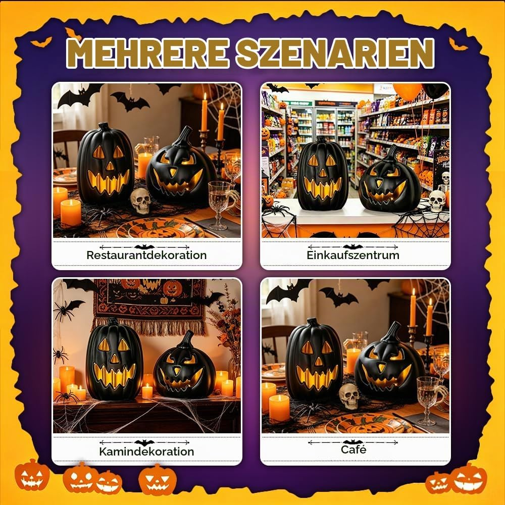 Halloween Dekoration mit schwarzen Kürbissen, Kerzen und Fledermäusen in vier verschiedenen Szenarien.