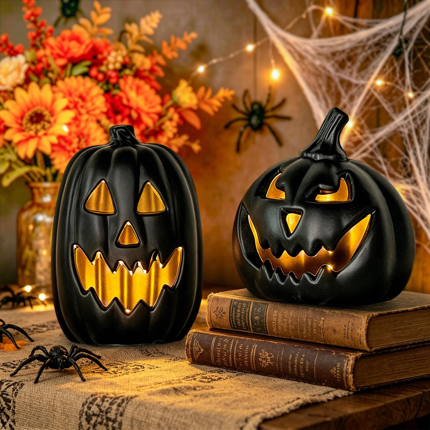 Zwei schwarze Kürbis-Laternen mit gelbem Licht stehen auf alten Büchern vor herbstlicher Deko.