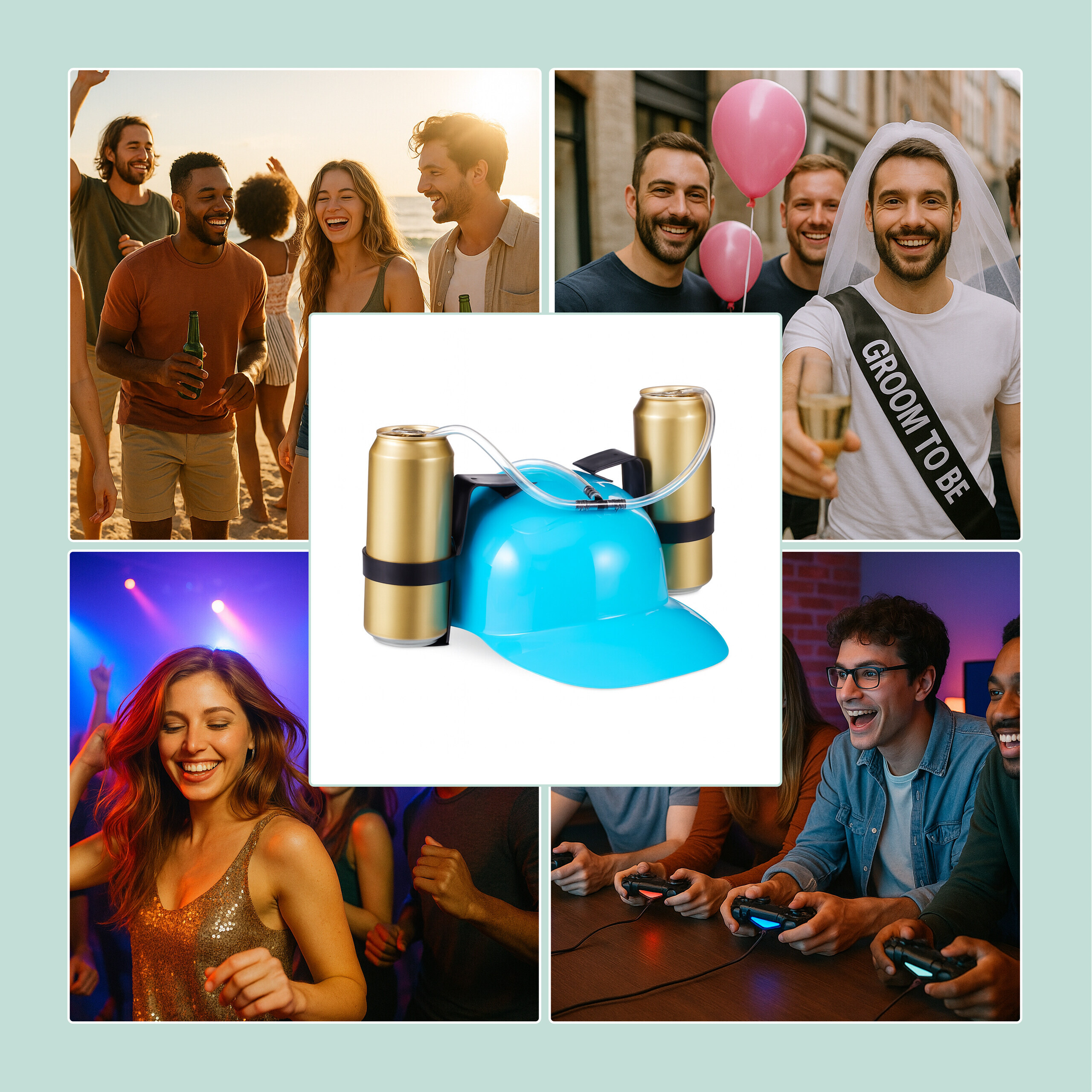 Blaue Trinkhelm-Halterung mit zwei goldenen Dosen und Strohhalmen, umgeben von Party-Szenen.