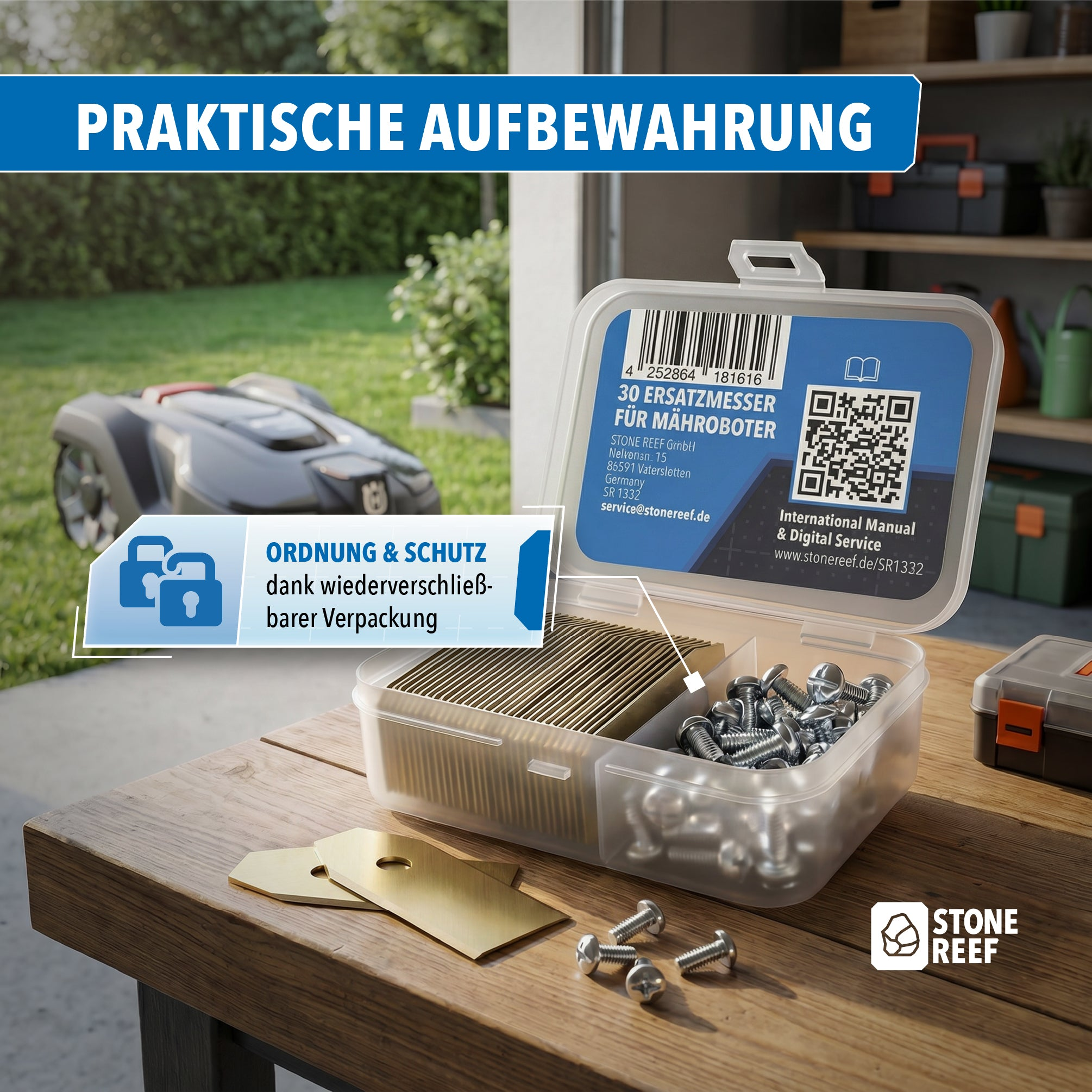 Aufbewahrungsbox mit Ersatzmessern und Schrauben für Mähroboter auf einem Holztisch.